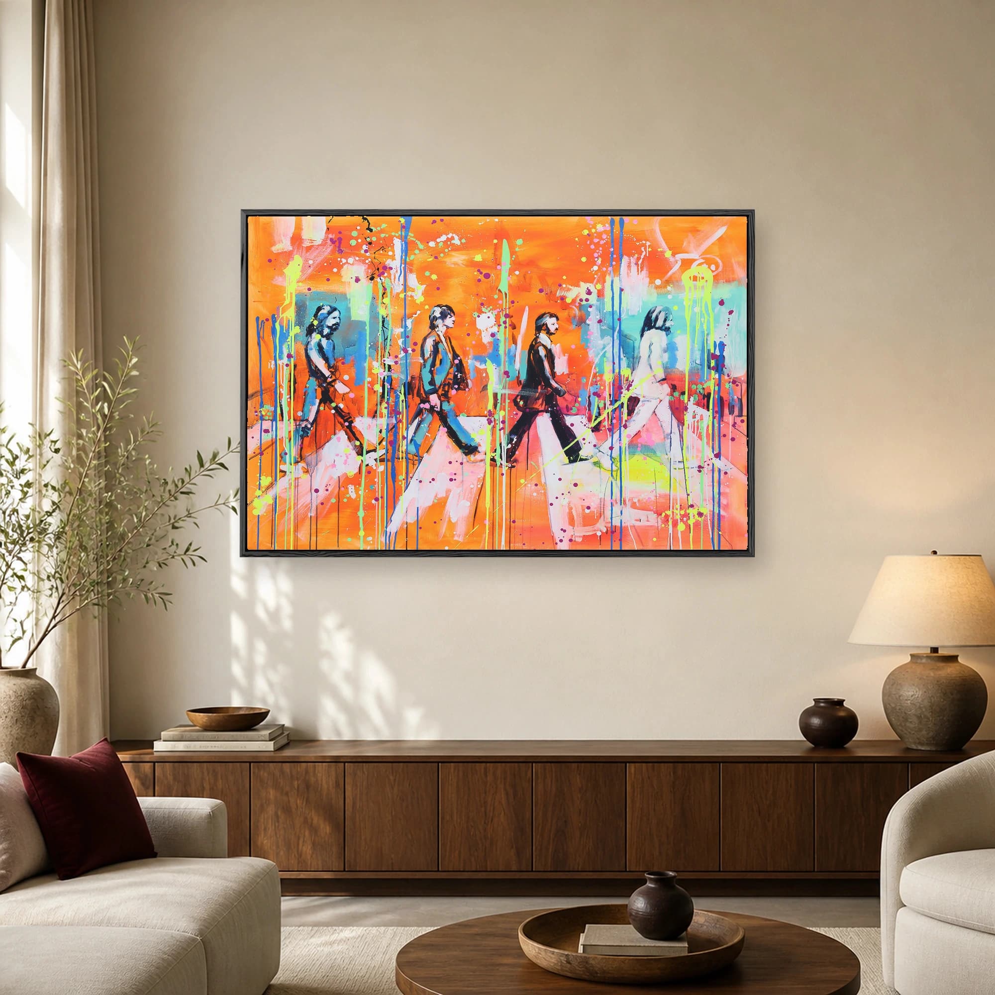 Abstract pop art painting of four figures walking across a crosswalk with vibrant orange background and neon blue and green paint splatters