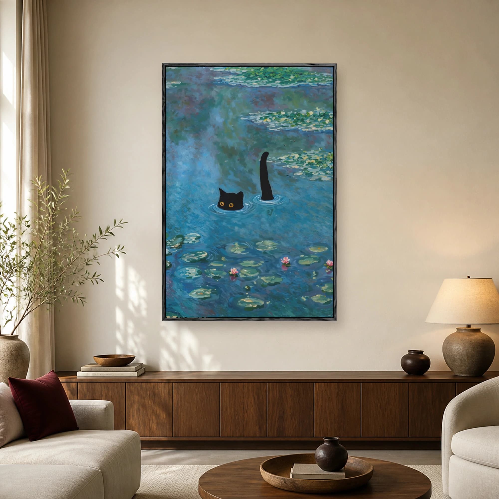 Impressionist painting of a black cat with yellow eyes and tail sticking out of a blue water lily pond with pink flowers
