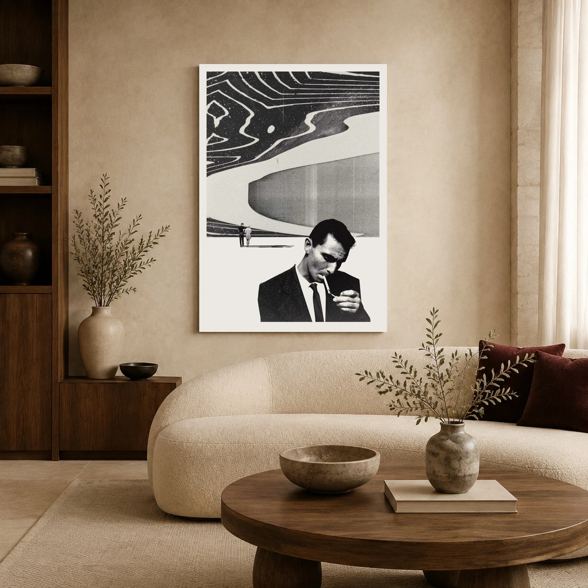Surreal Noir Print with Cosmic Sky and Smoking Man, view 6