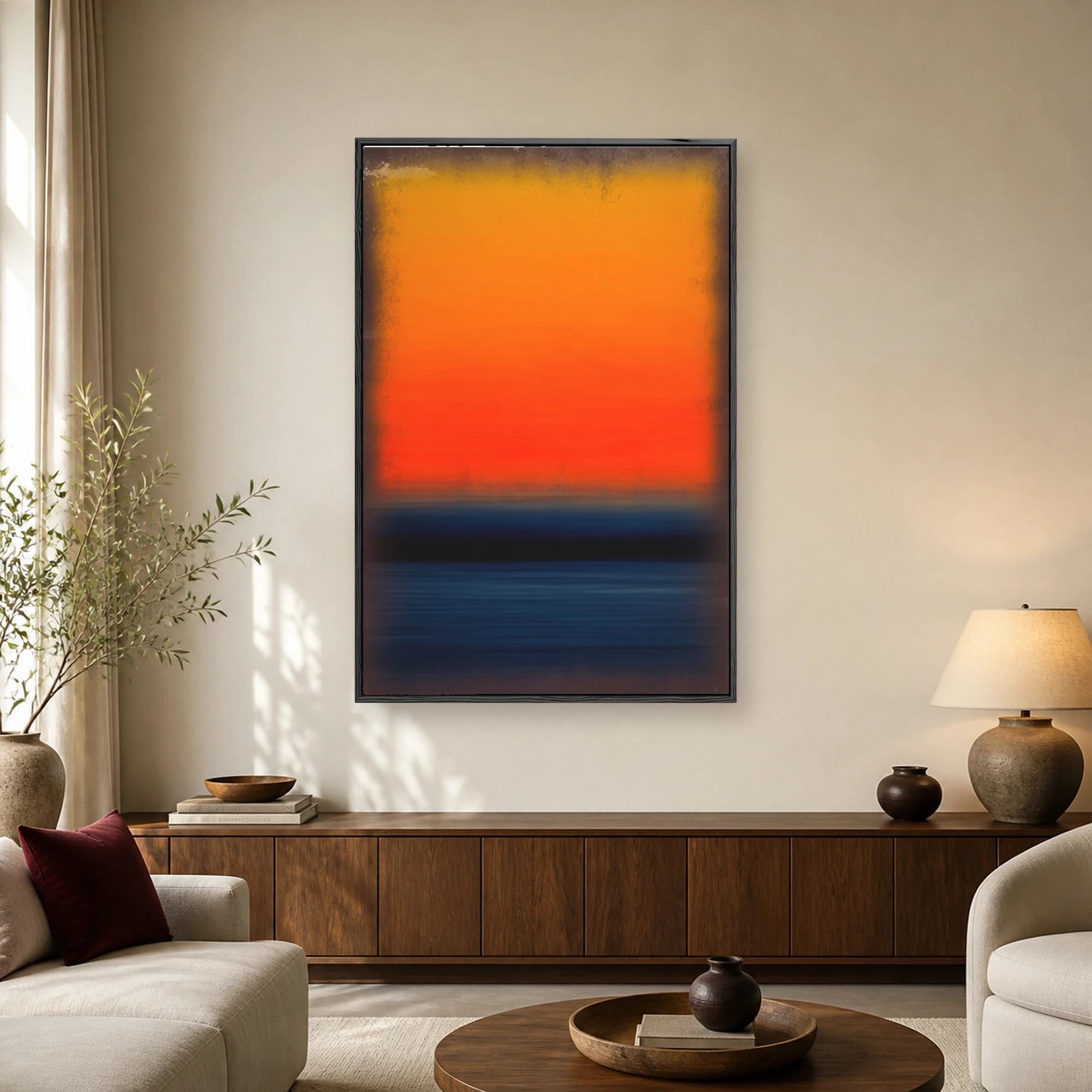 Abstract landscape wall art featuring a bright orange and yellow sky over a dark blue sea, framed by an aged vignette border.