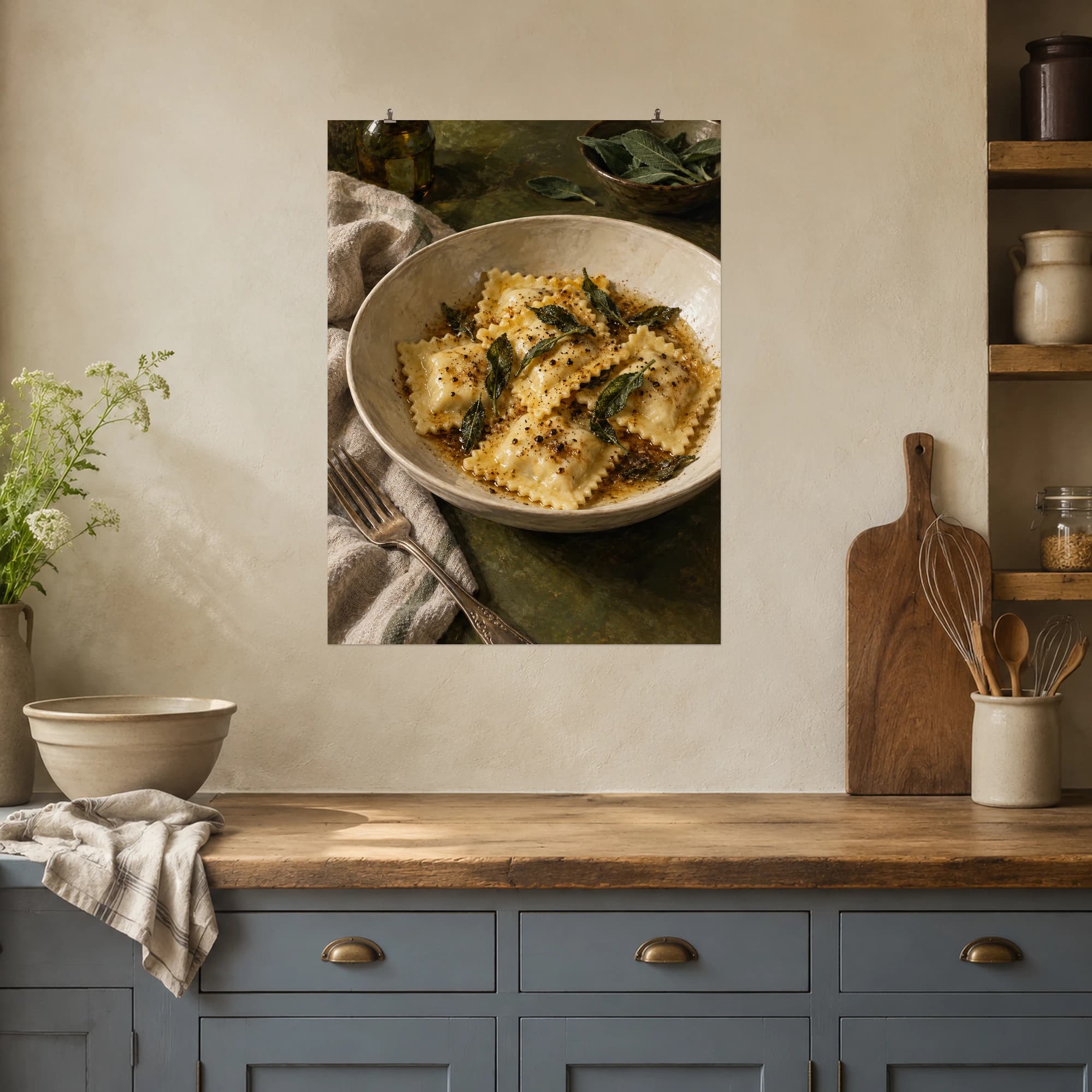 Ravioli with browned butter and sage creates a quiet, warmly lit kitchen still life.