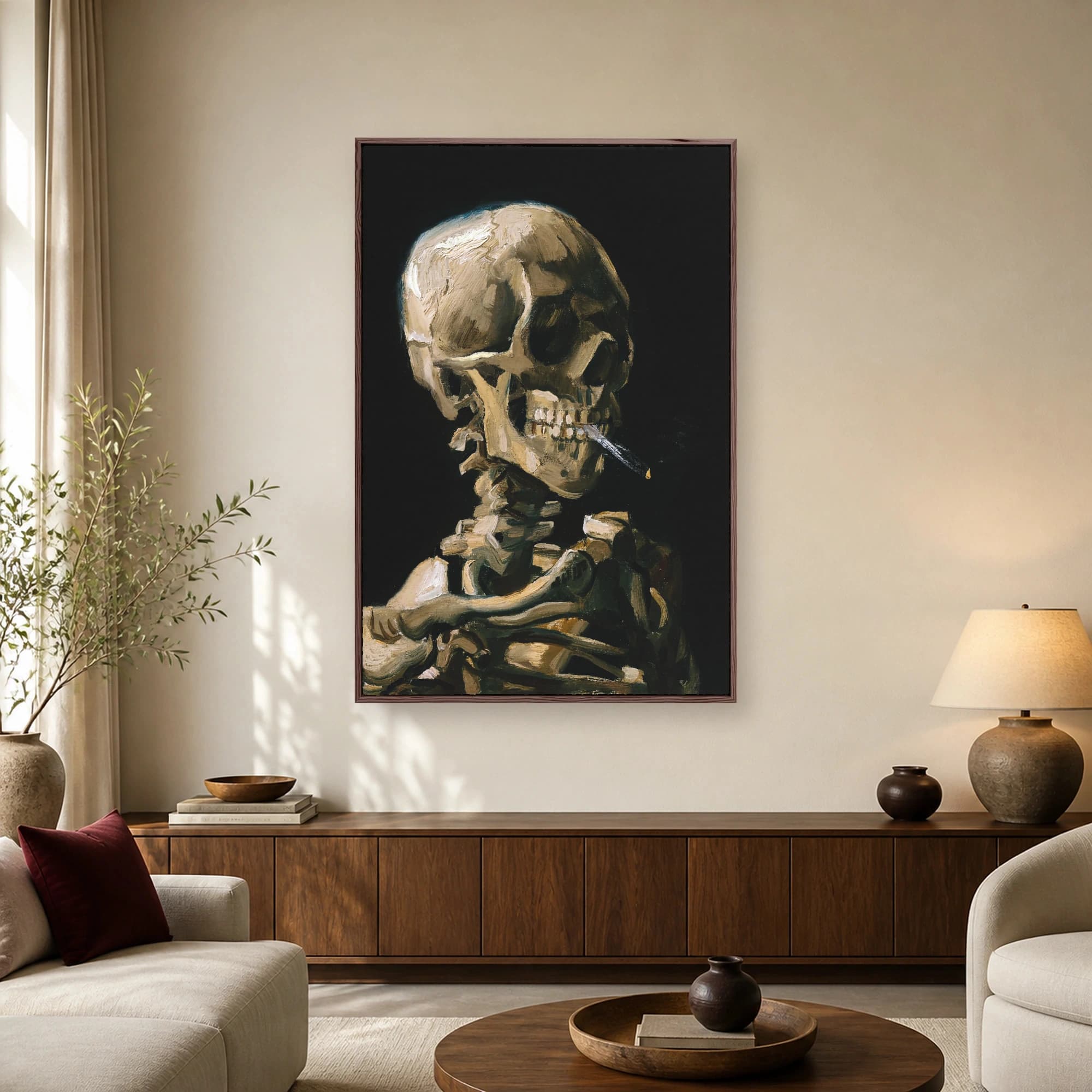 Fine art print of Vincent van Gogh's Skull with a Burning Cigarette showing a skeletal head and ribcage against a black background.