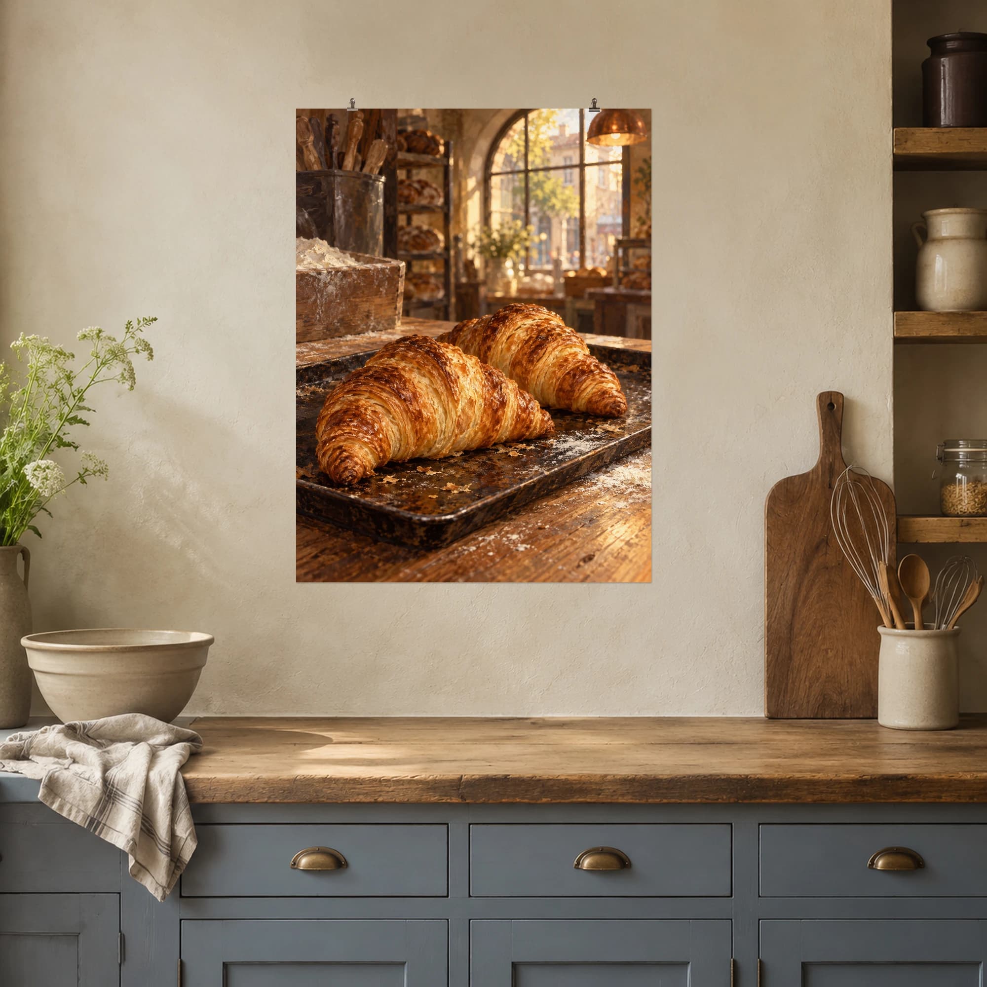 Golden croissants sit on a baking tray as morning light enters a quiet bakery.