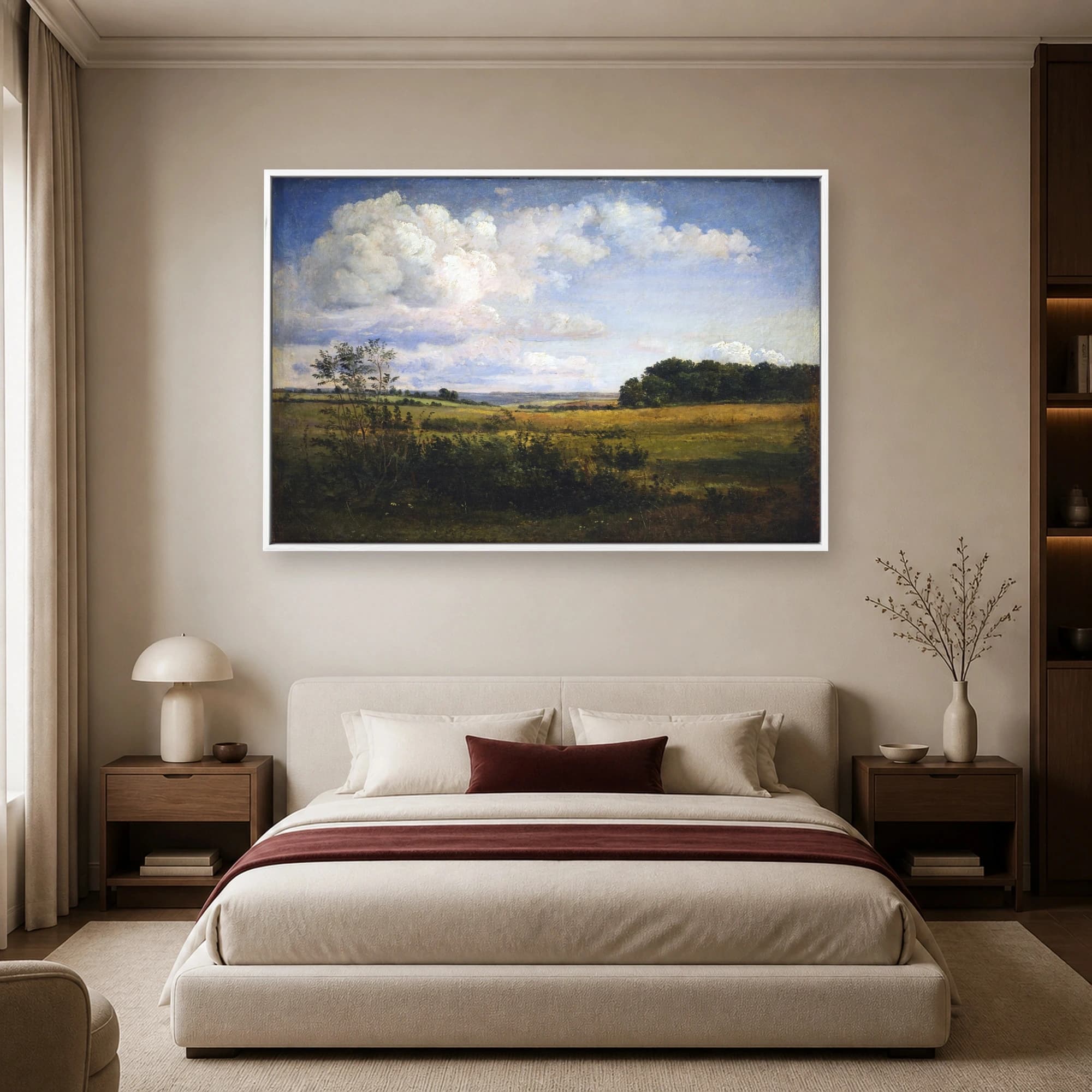 Vintage Pastoral Landscape Painting with Dramatic Clouds Wall Art, view 3