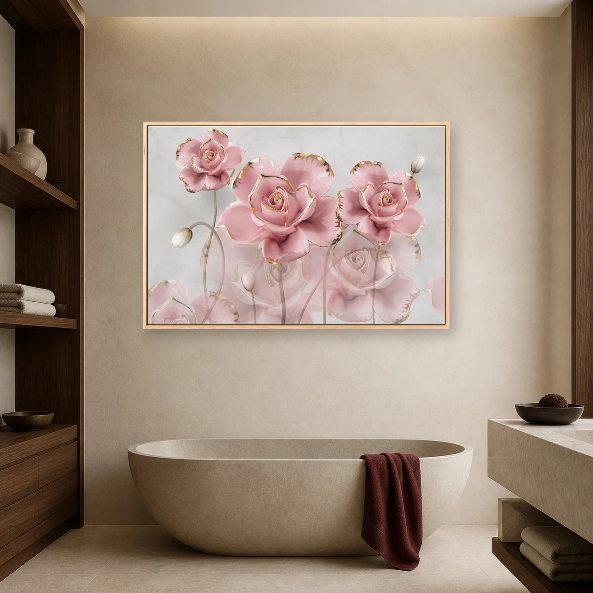 Pink Ceramic Roses Gold Trim Floral Wall Art Canvas, view 7