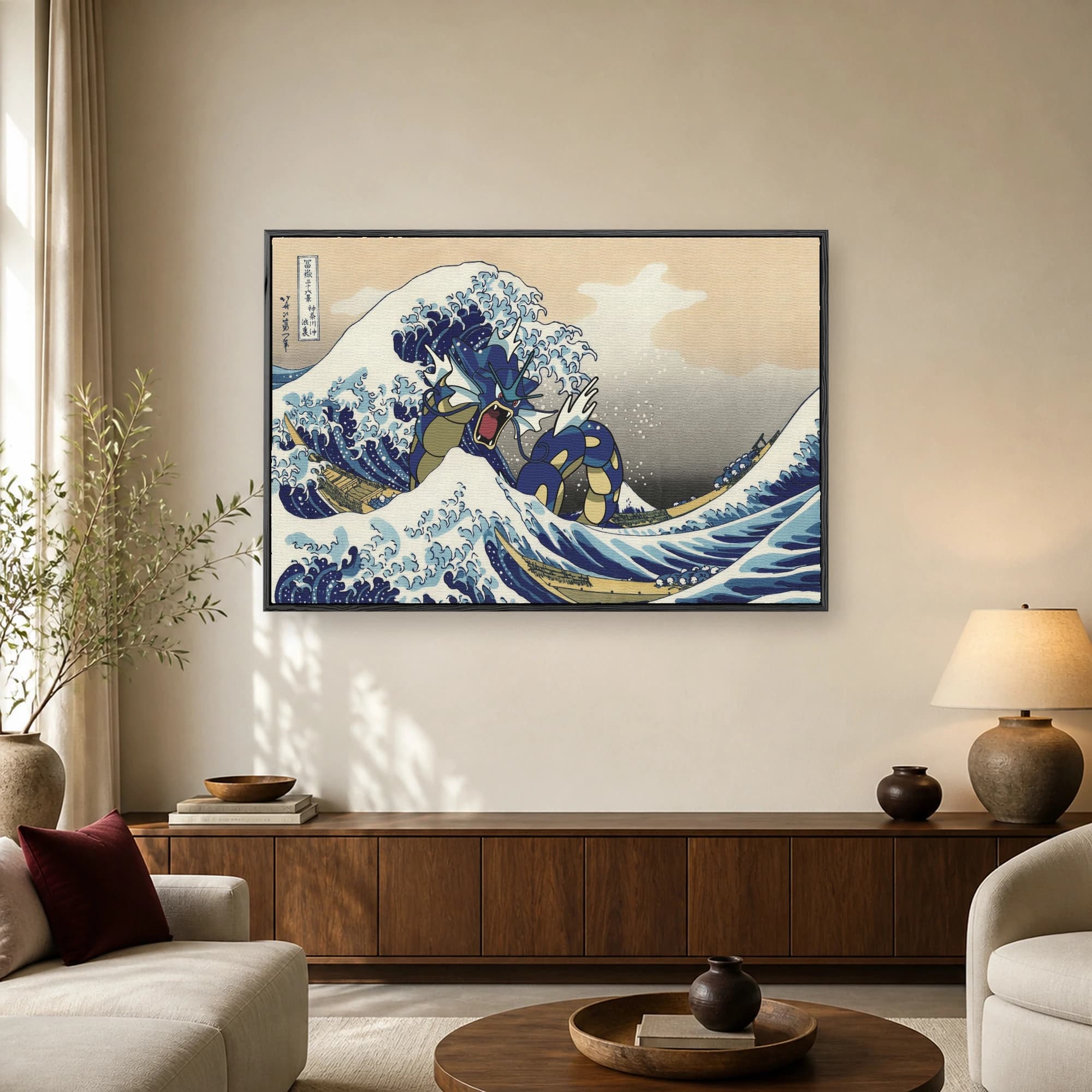 A vintage Japanese woodblock style print showing the famous Great Wave off Kanagawa with the blue Pokémon Gyarados roaring in the center.