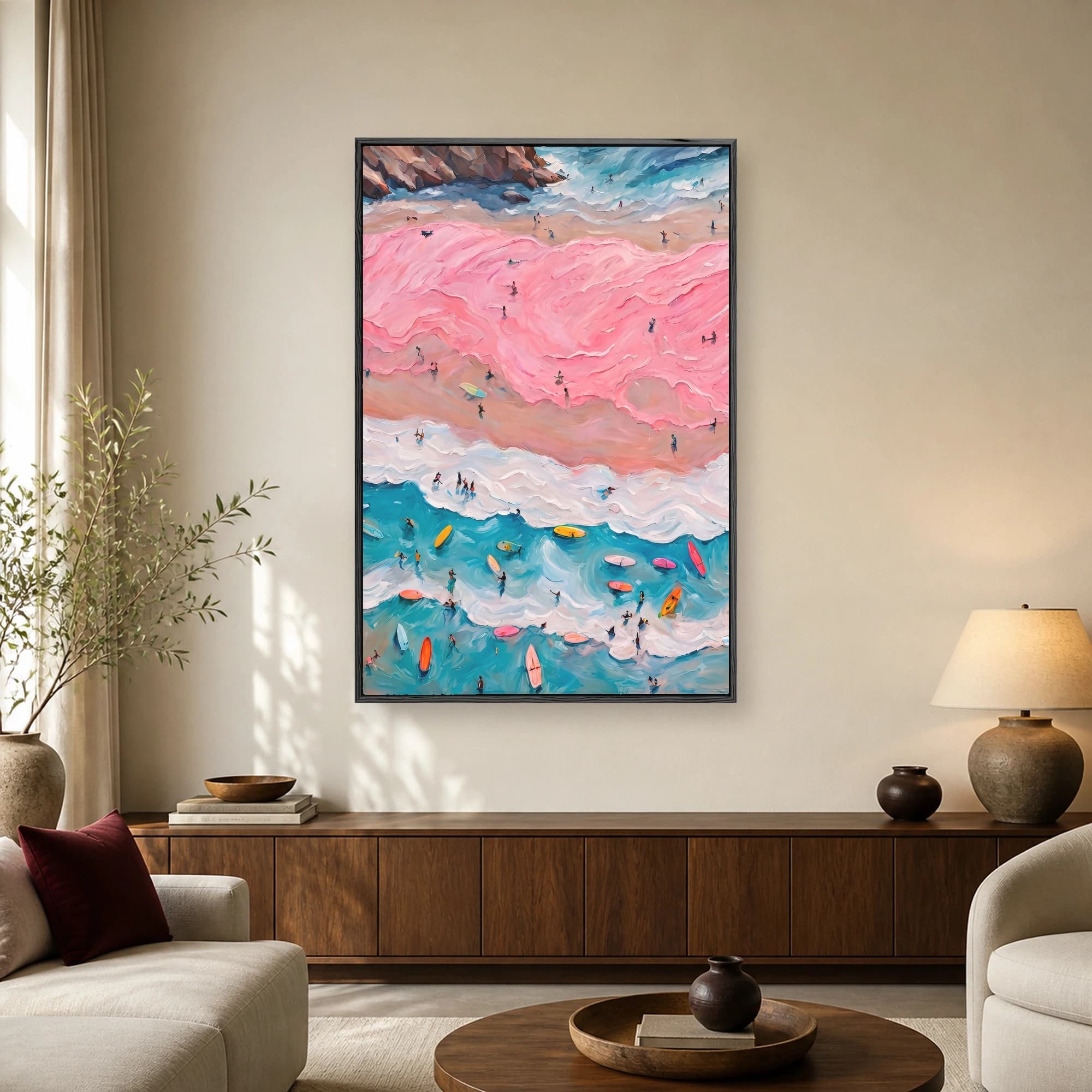 An aerial painting of a pink sand beach with white waves, turquoise ocean water, and colorful surfboards.
