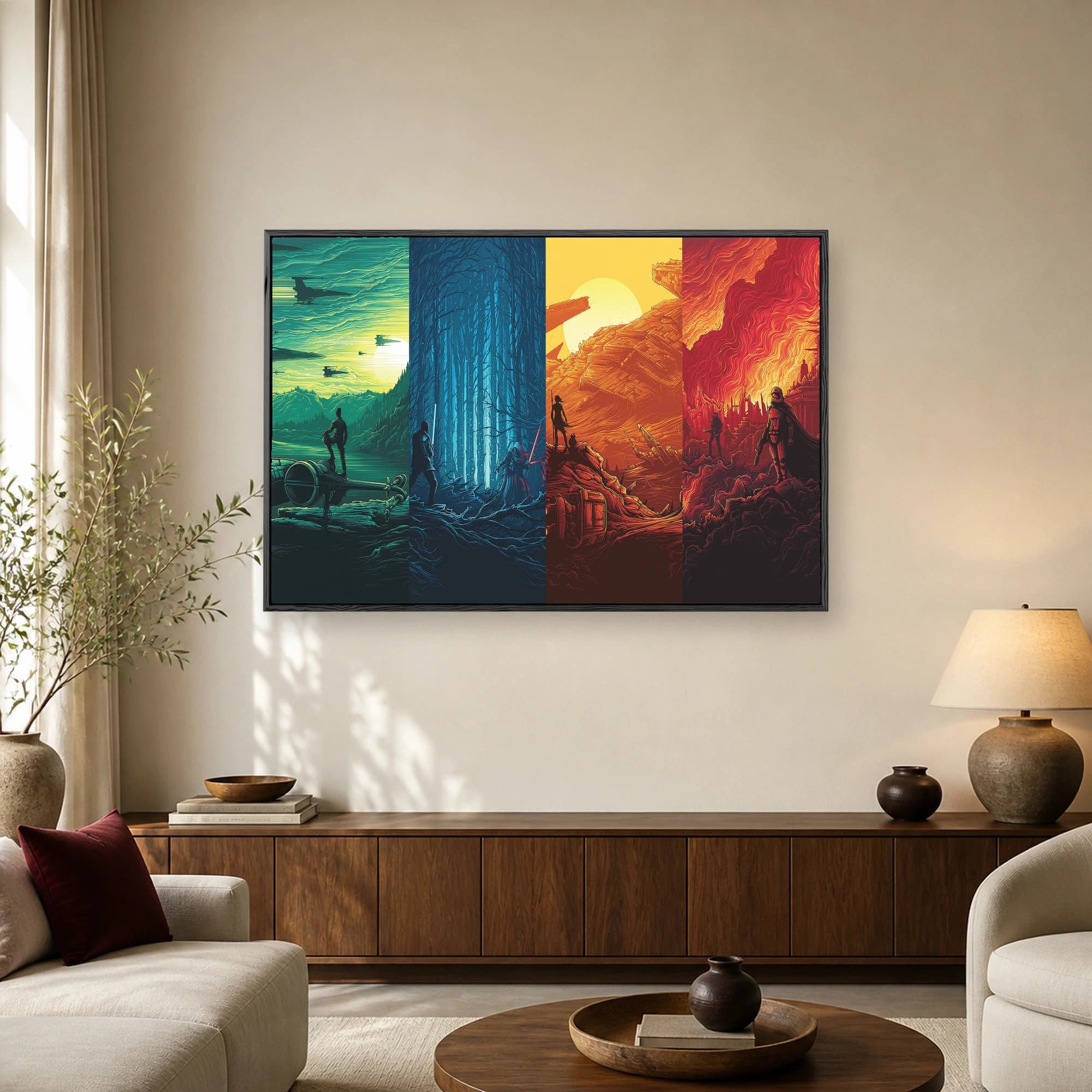 Four-panel sci-fi vertical wall art poster featuring starfighters, glowing lightsabers in a blue forest, an orange desert badland, and red fiery ruins.
