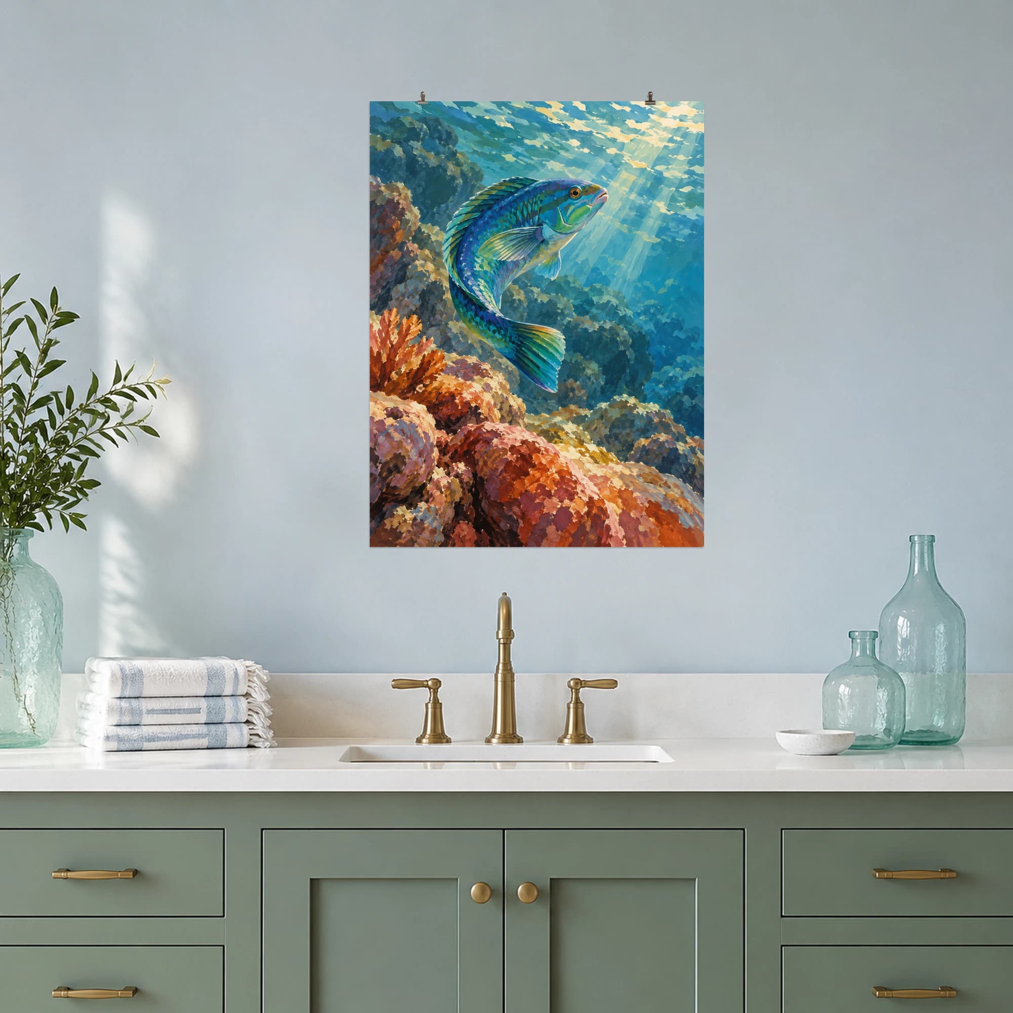 This gouache-style composition features a blue and emerald wrasse turning above warm coral stones with a diagonal ribbon of sunlit sea water. Expressive brushwork and a balanced palette bring warmth and character to your space.