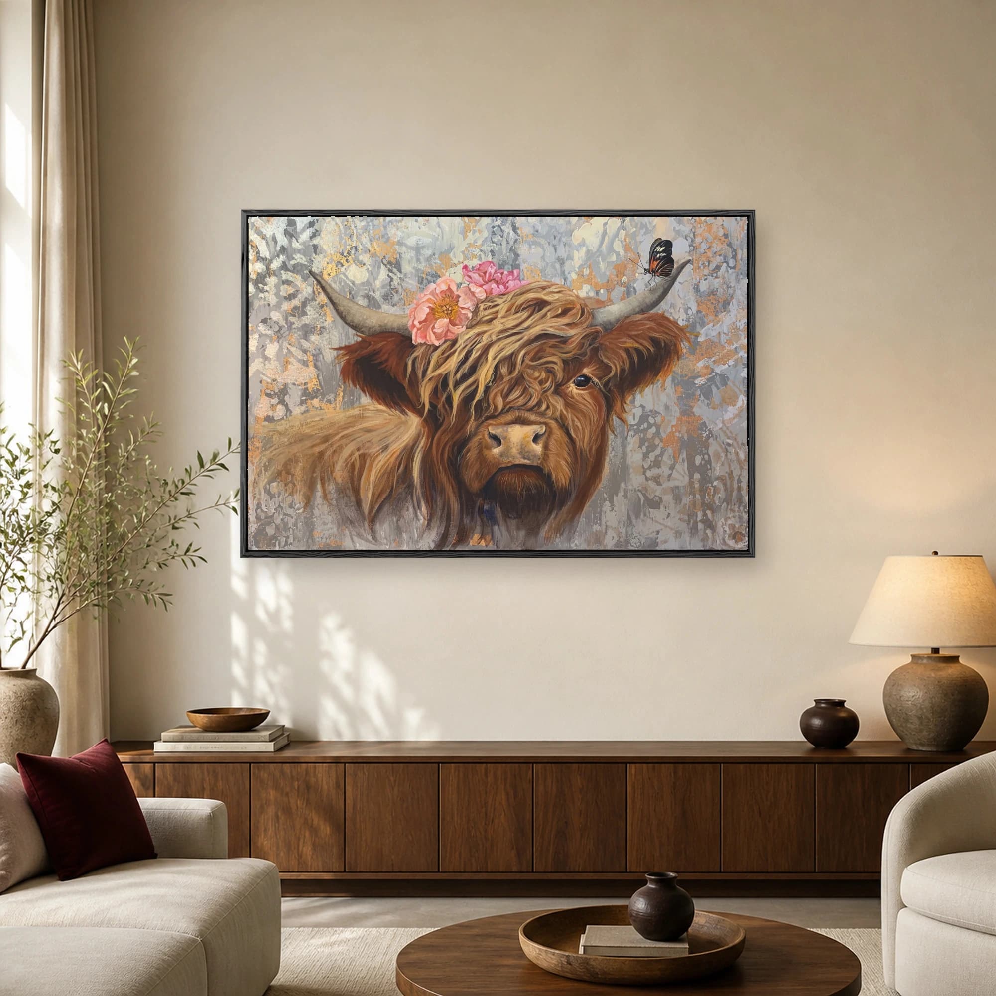 A detailed painting of a shaggy Highland cow with pink peony flowers on its horn and a butterfly against a textured gray and gold background.