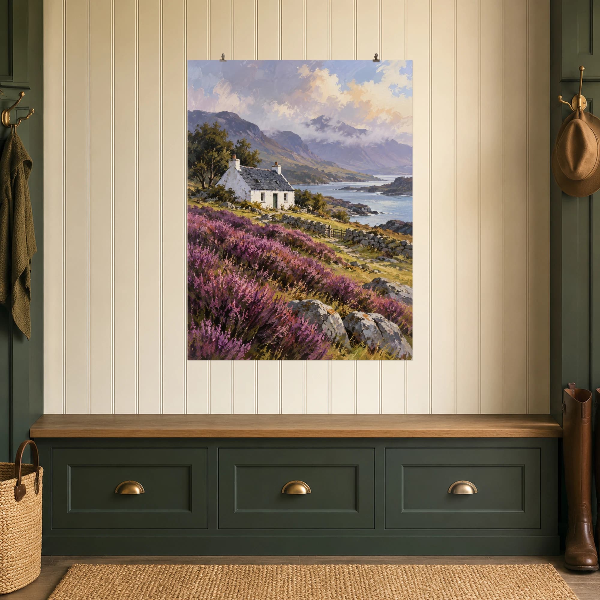 This gouache-style composition features a small white croft cottage beside purple heather and distant misty hills. Expressive brushwork and carefully balanced color bring a distinctive focal point to your wall.