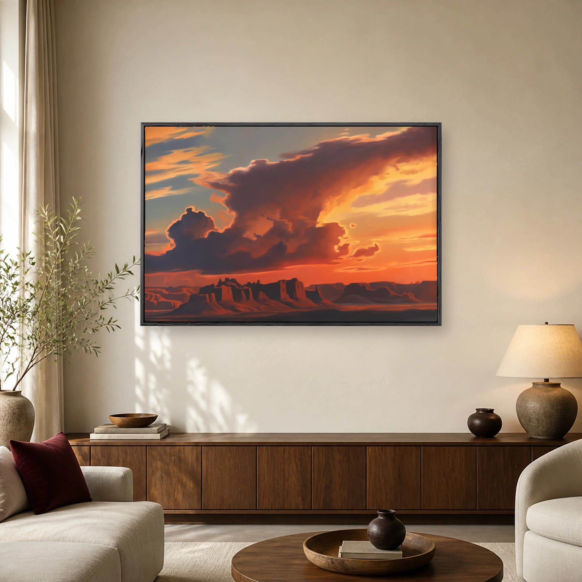 Stylized digital painting of a desert sunset with a massive glowing orange cloud formation and distant rocky mesas along the horizon.