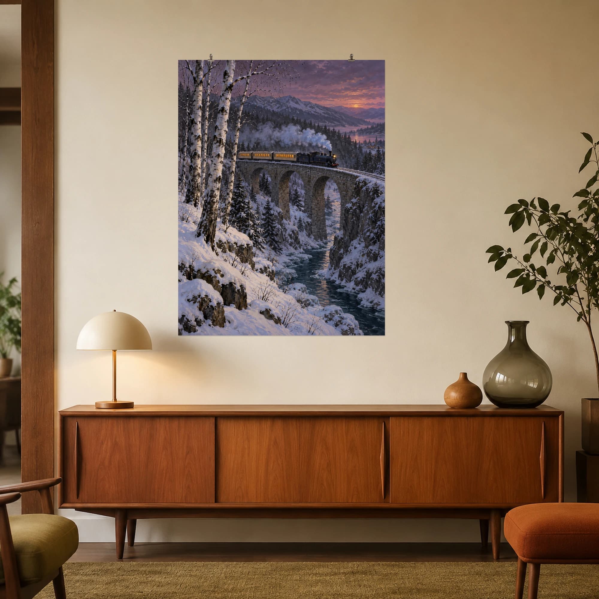A steam train crosses a snowy stone viaduct, its warm windows glowing against the winter dusk.