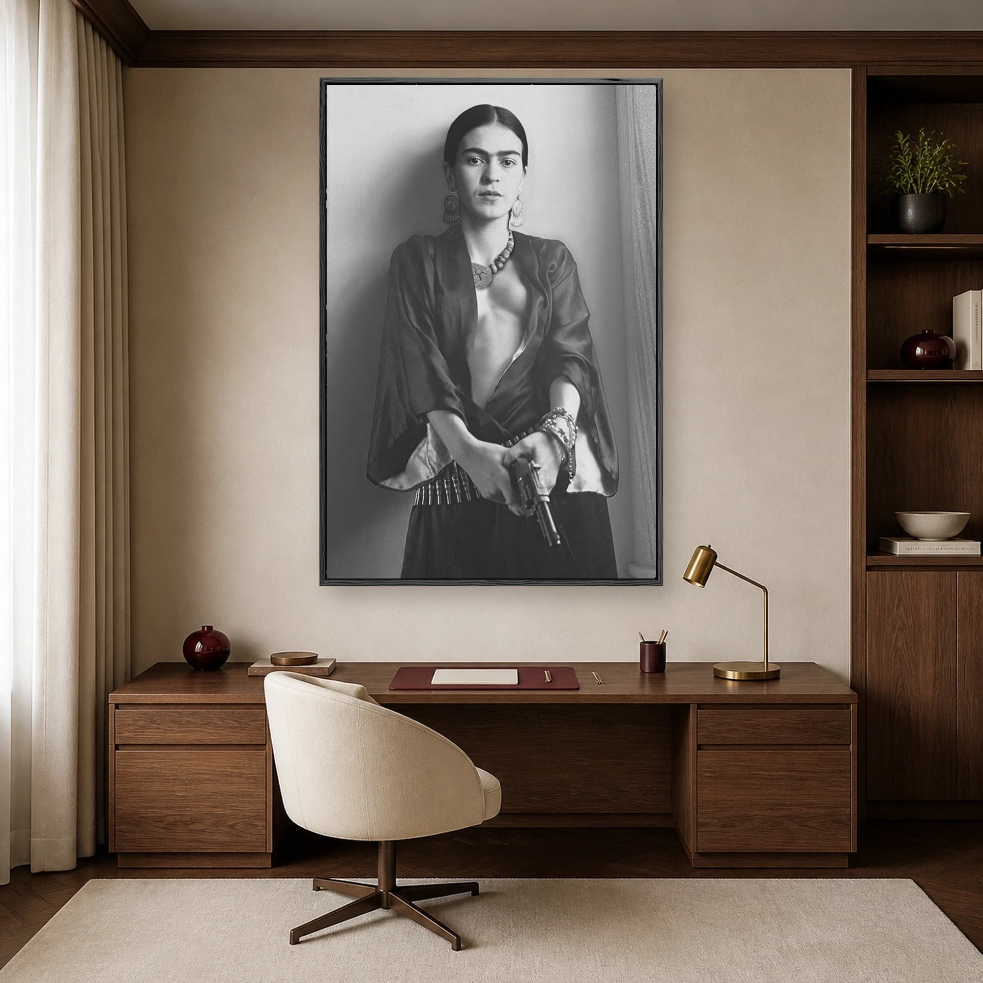 Frida Kahlo Armed Portrait Black and White Wall Art, view 3