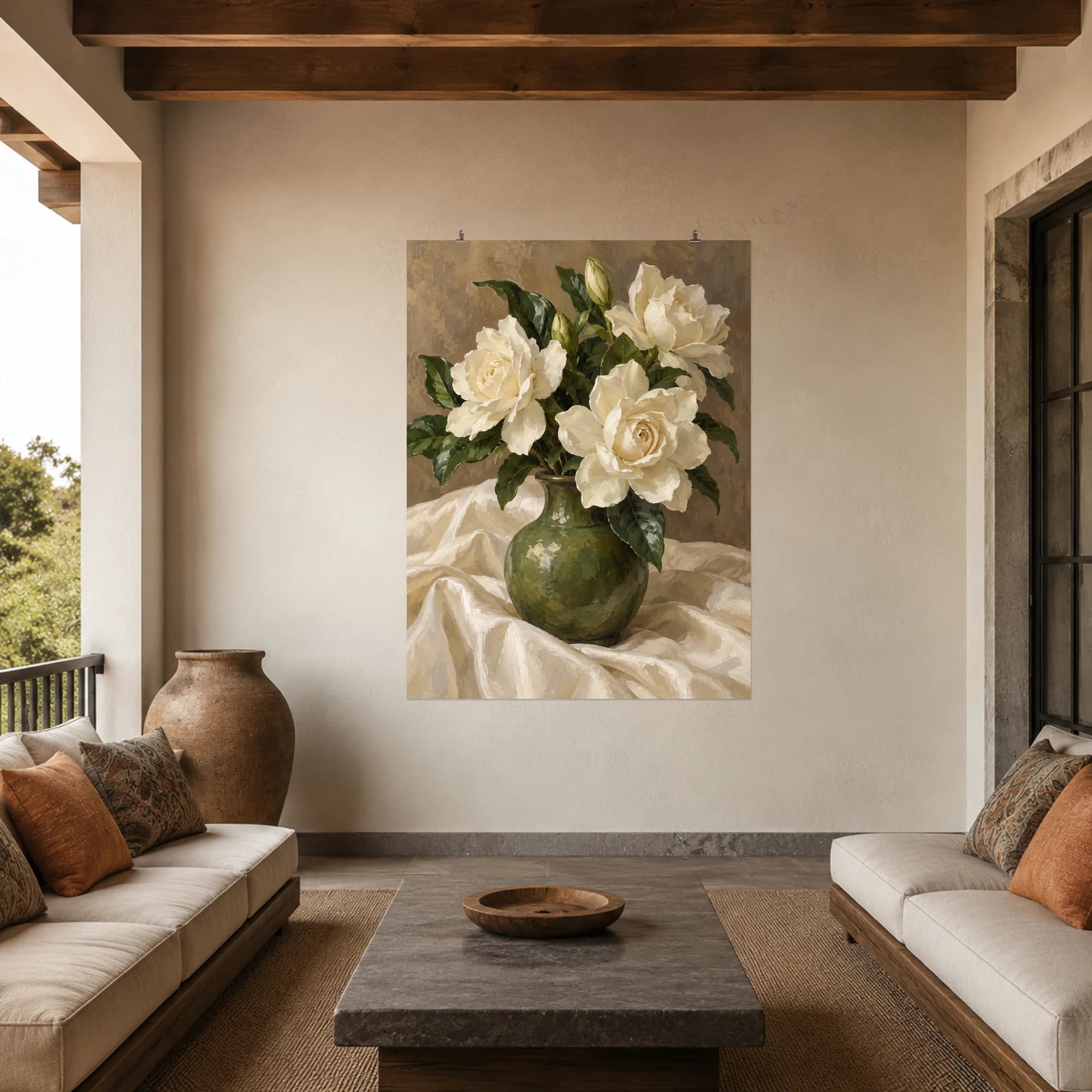 This gouache-style composition features cream gardenia blossoms in a small moss green vase on ivory silk with a warm taupe backdrop. Expressive brushwork and carefully balanced color bring a distinctive focal point to your wall.