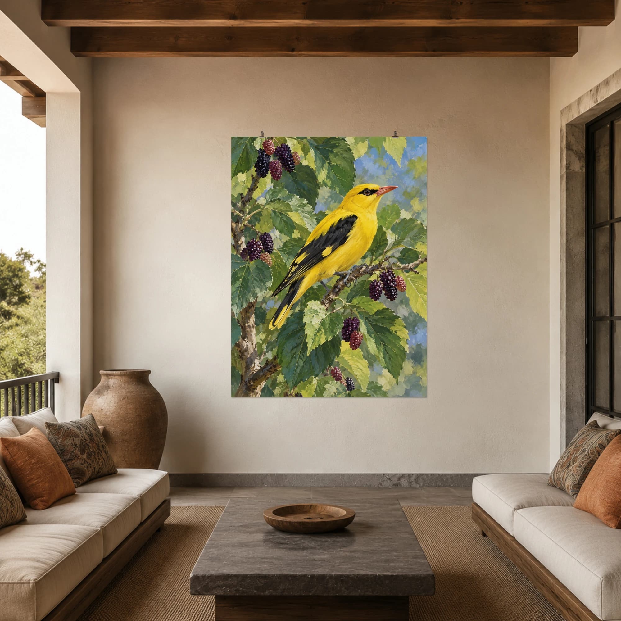 This gouache-style composition features a golden oriole perched among green mulberry leaves with a few ripe purple berries. Expressive brushwork and carefully balanced color bring a distinctive focal point to your wall.