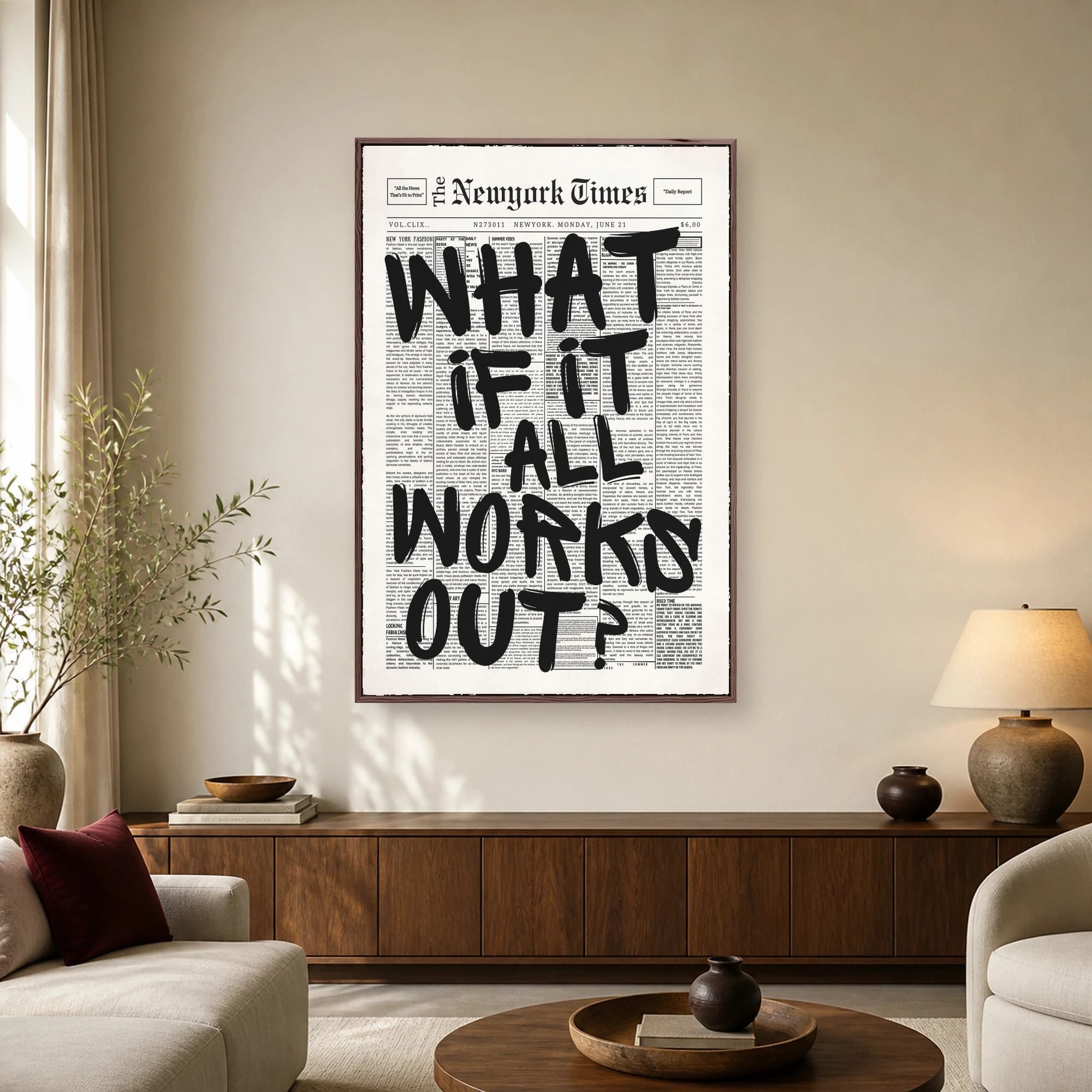 Bold black handwritten brush lettering spelling 'What If It All Works Out?' painted over a broadsheet newspaper front page layout.