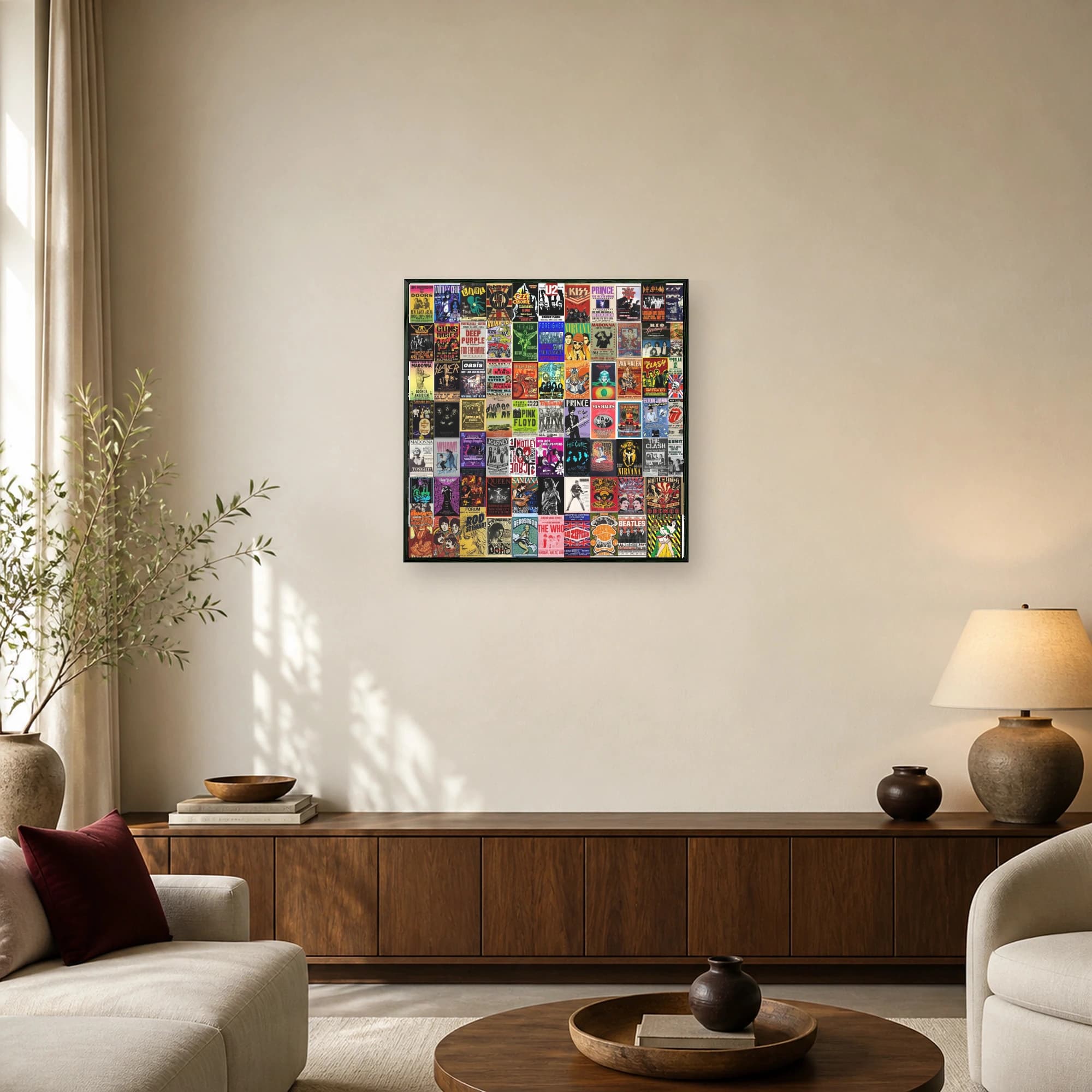 A vibrant vintage collage of classic rock concert posters featuring iconic bands, tour dates, and retro graphic designs.