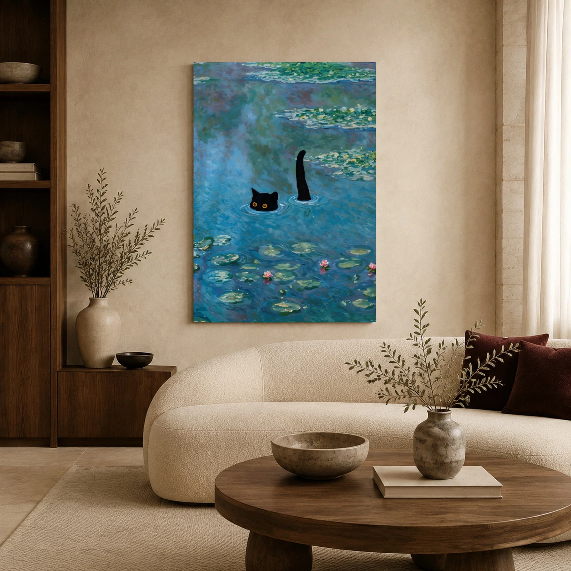 Black Cat Swimming in Water Lilies Pond Impressionist Canvas, view 6