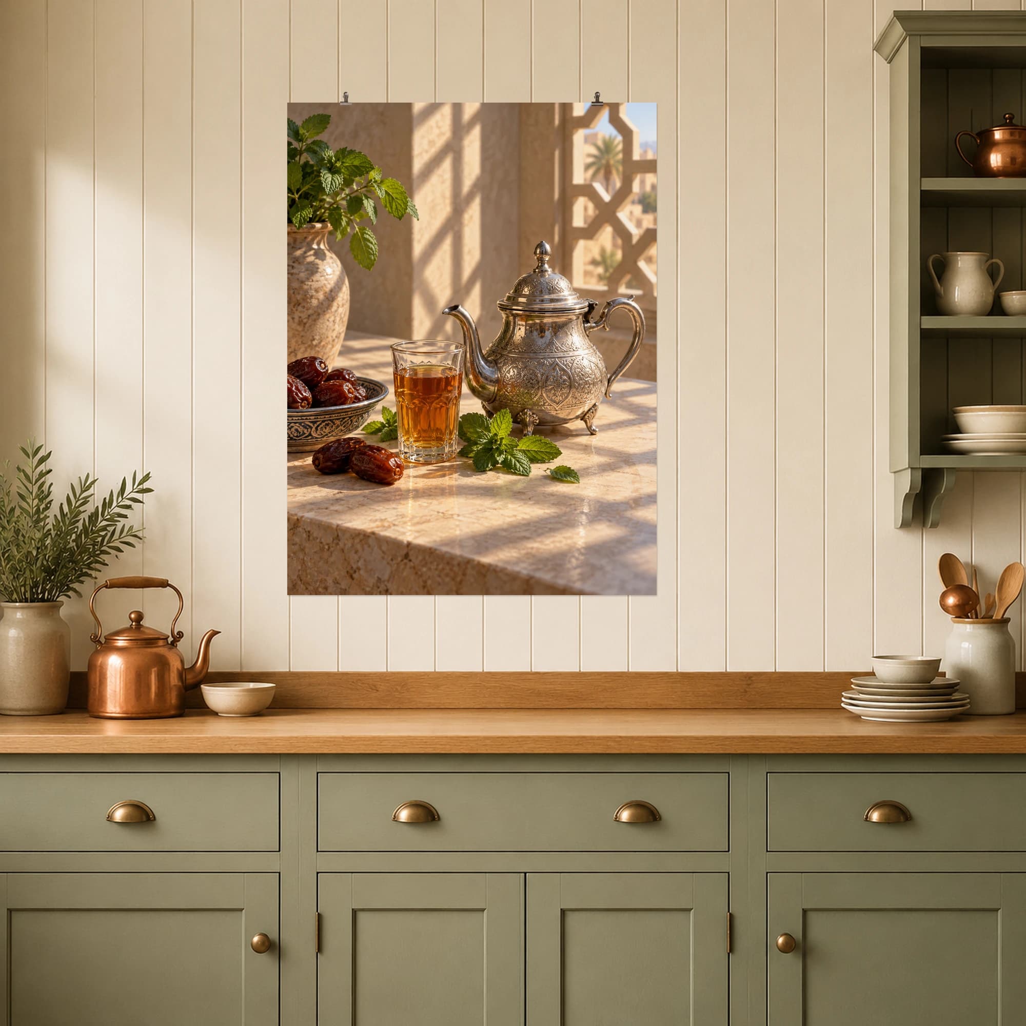 An engraved silver teapot, amber tea and fresh mint catch patterned afternoon light.