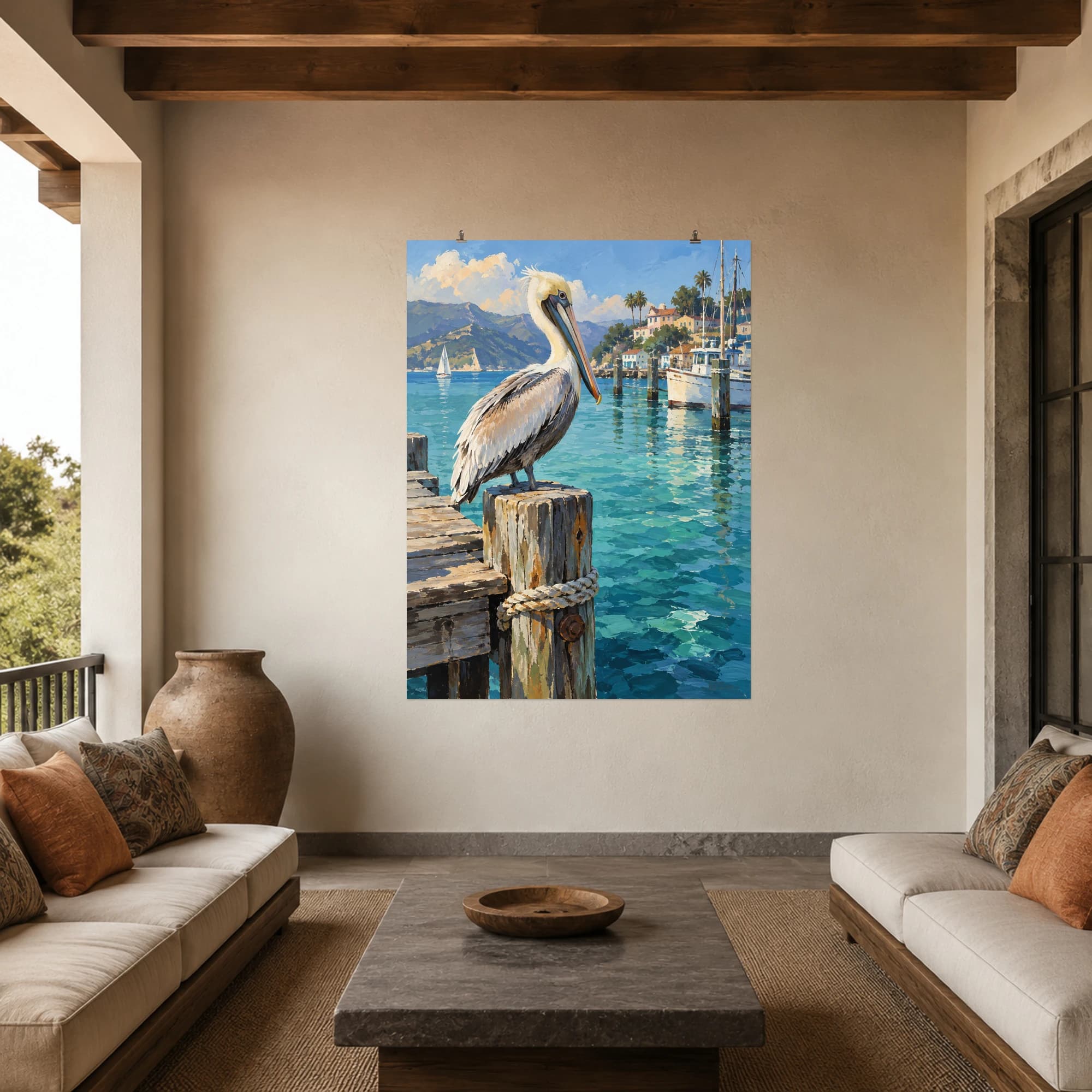 This gouache-style composition features a pelican resting on a weathered wooden pier above quiet turquoise harbor water. Expressive brushwork and carefully balanced color bring a distinctive focal point to your wall.