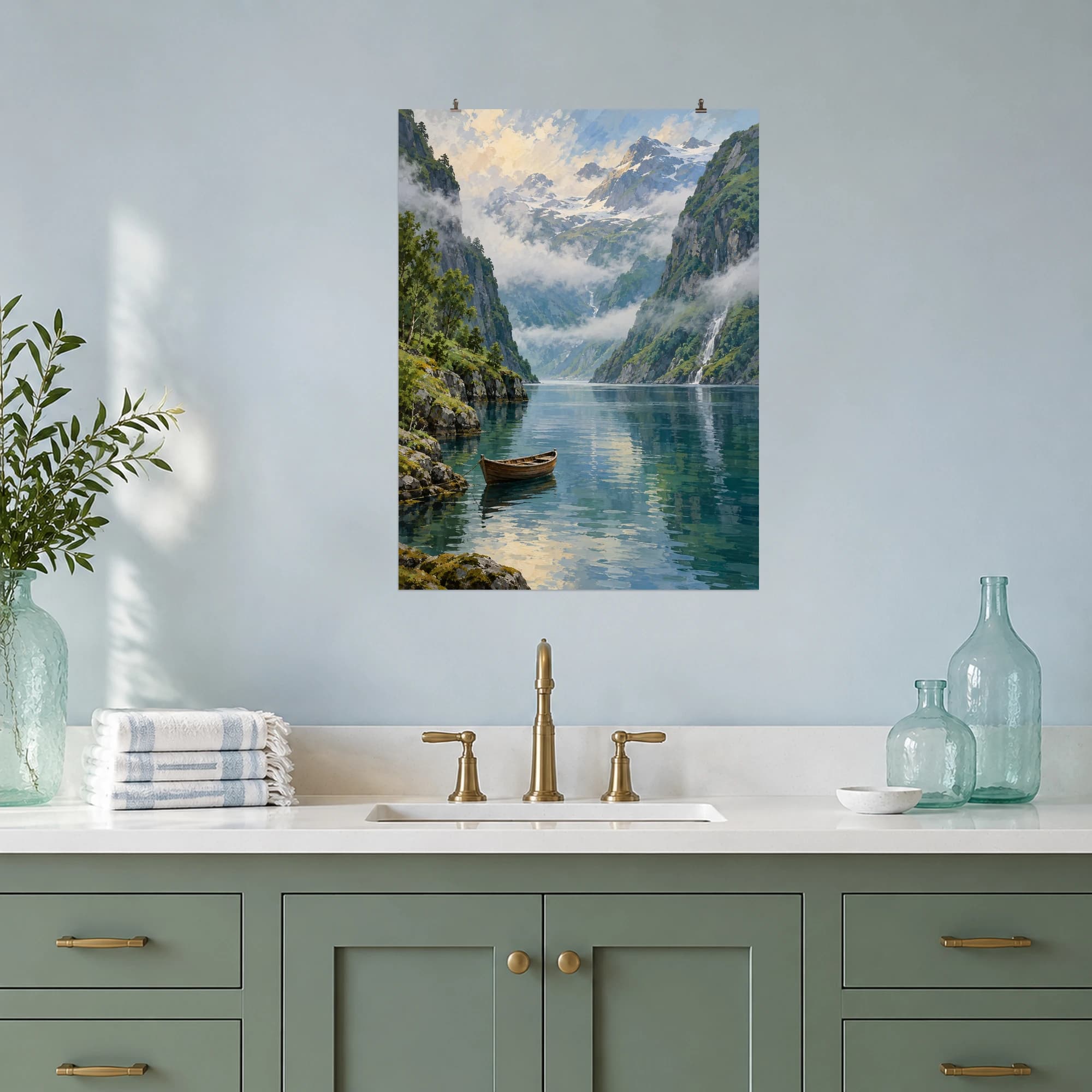 This gouache-style composition features a tranquil narrow fjord between steep green mountains with one small wooden boat and low mist. Expressive brushwork and carefully balanced color bring a distinctive focal point to your wall.