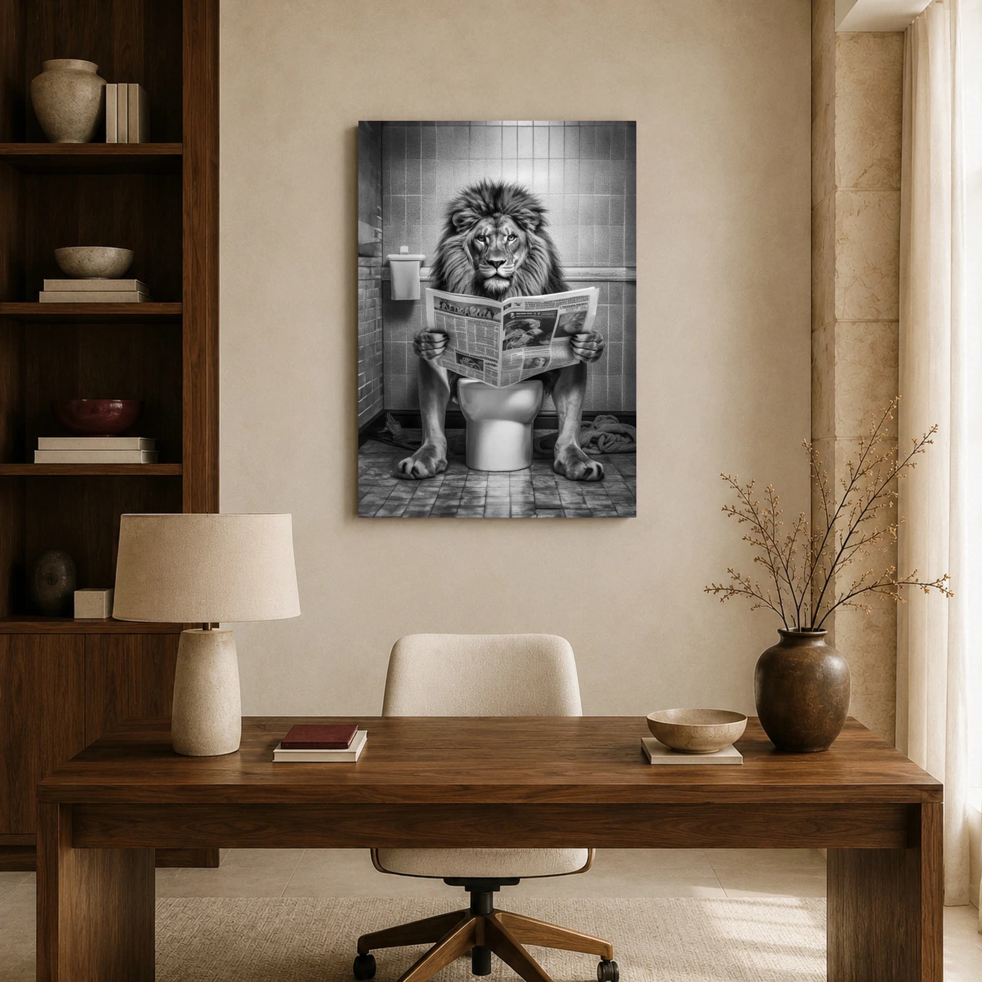 The Lion Reading Newspaper on Toilet Black and White Wall Art, view 8