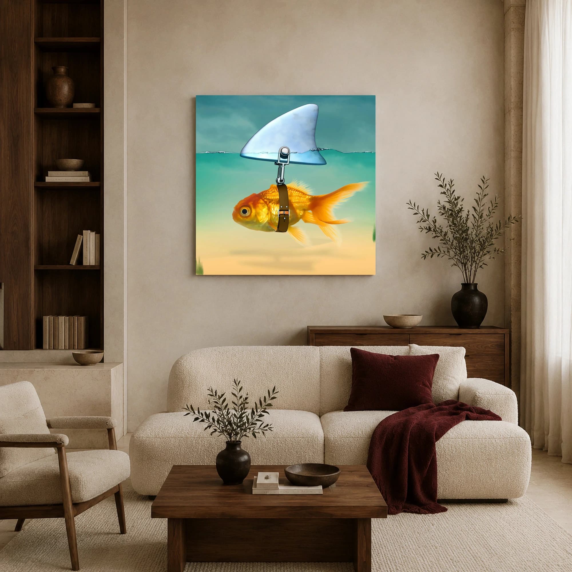 Goldfish with Shark Fin Canvas Print Surreal Wall Art, view 3