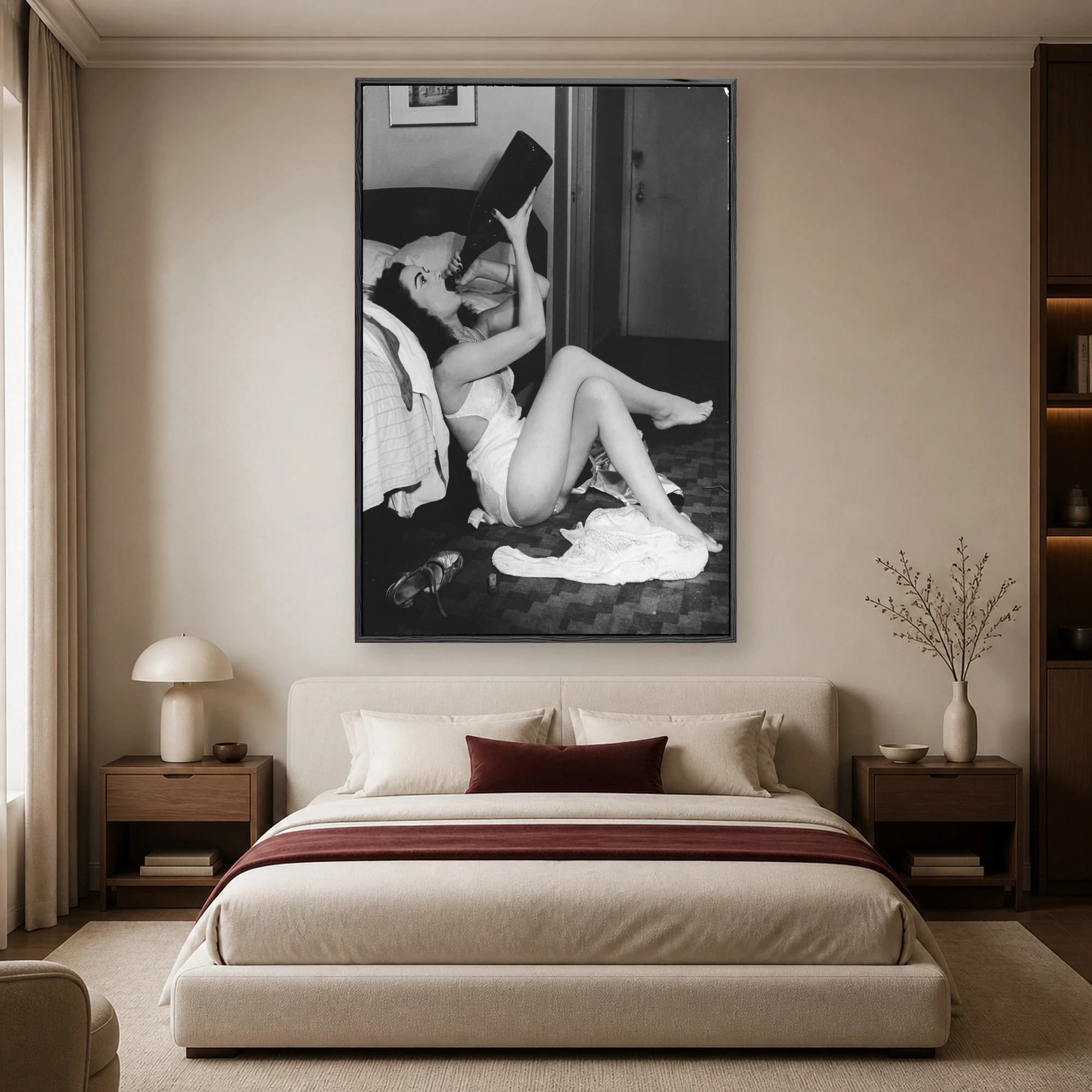 Vintage Hollywood Starlet Drinking From Giant Bottle Canvas Print, view 4