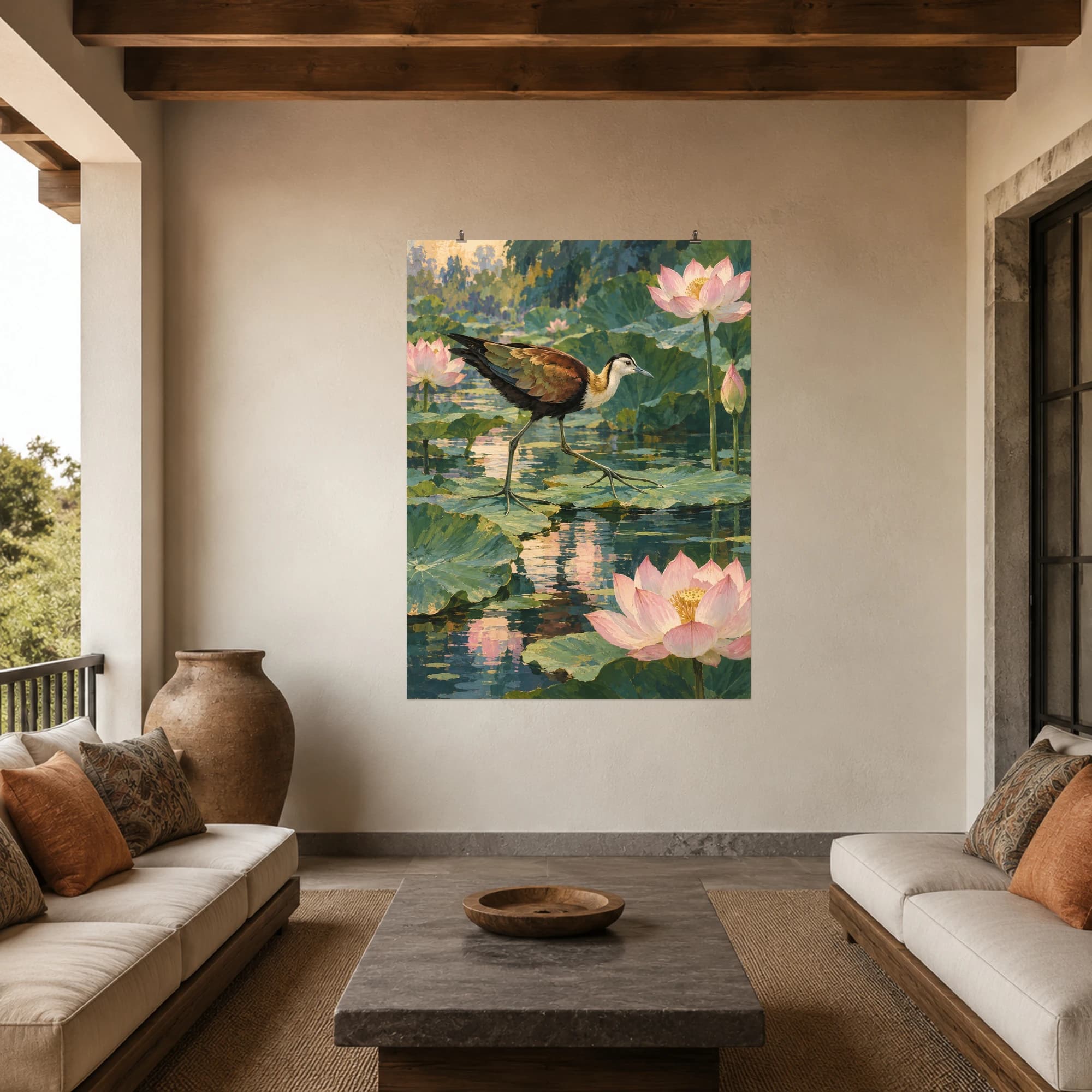 This gouache-style composition features a bronze winged jacana stepping across broad lotus leaves on a quiet pond, pale pink lotus blooms and jade reflections. Expressive brushwork and a balanced palette bring warmth and character to your space.