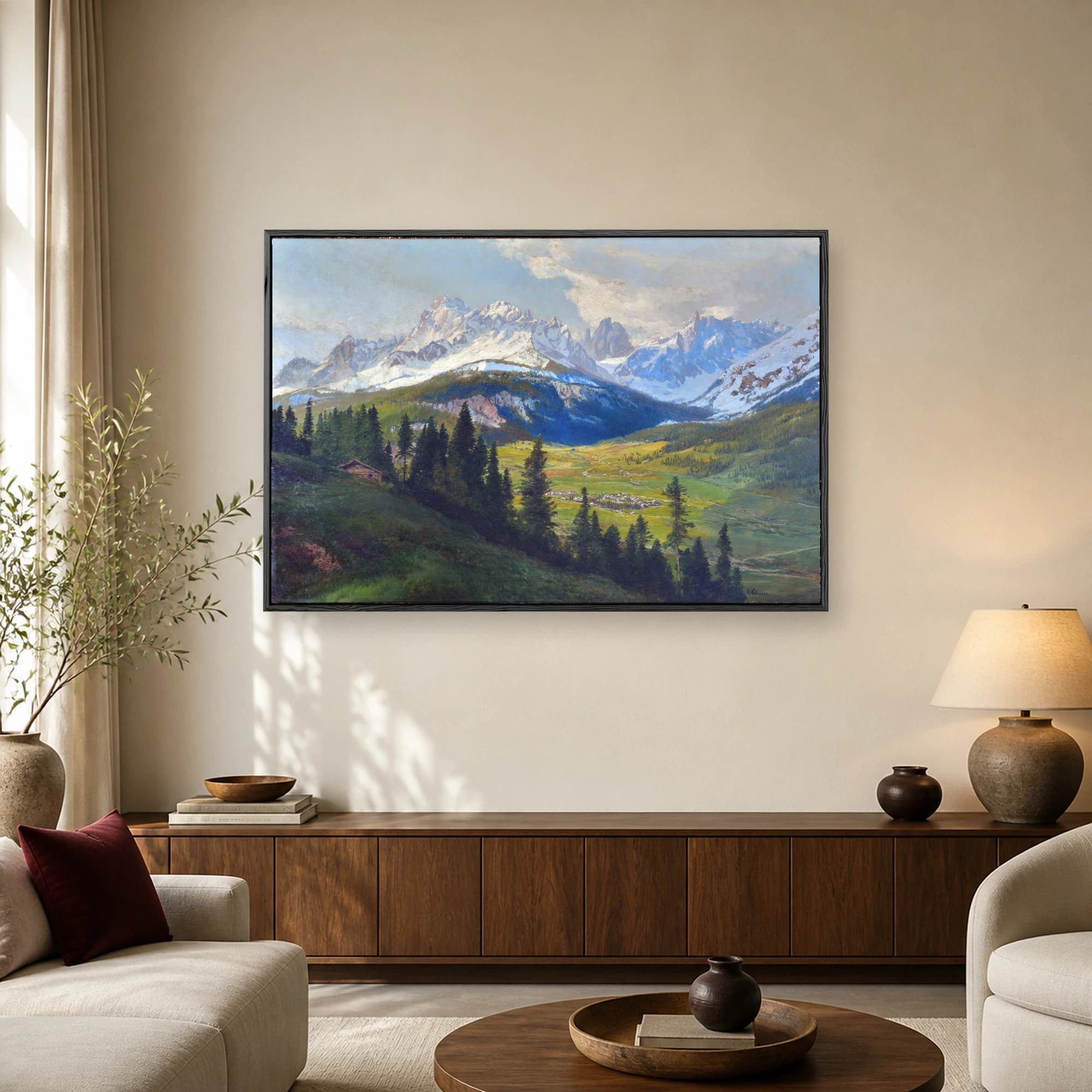 Classic oil painting of an alpine valley with snow-capped mountains, green pastures, evergreen pine trees, and a distant mountain village.