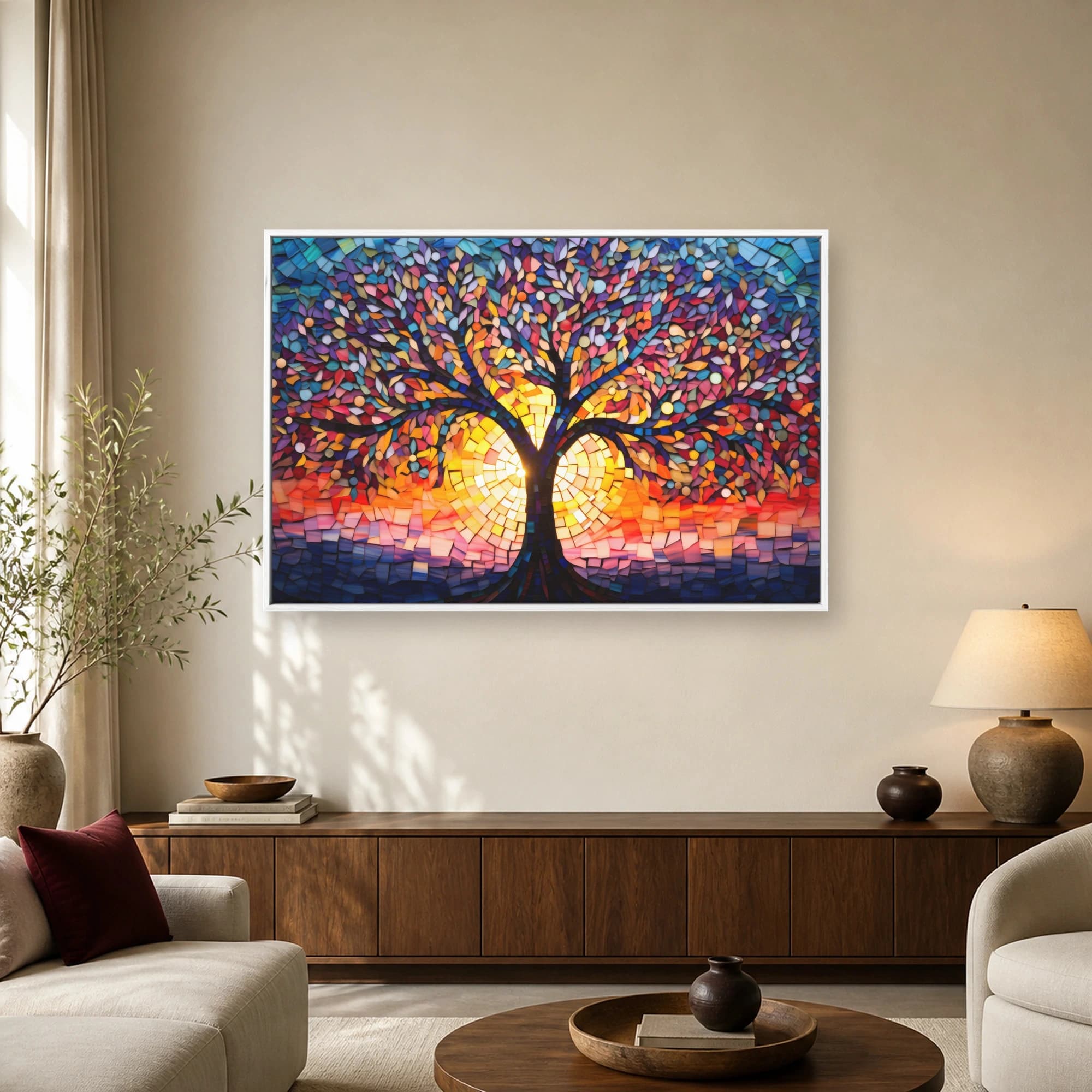 Mosaic Sunset Tree Stained Glass Wall Art, view 2