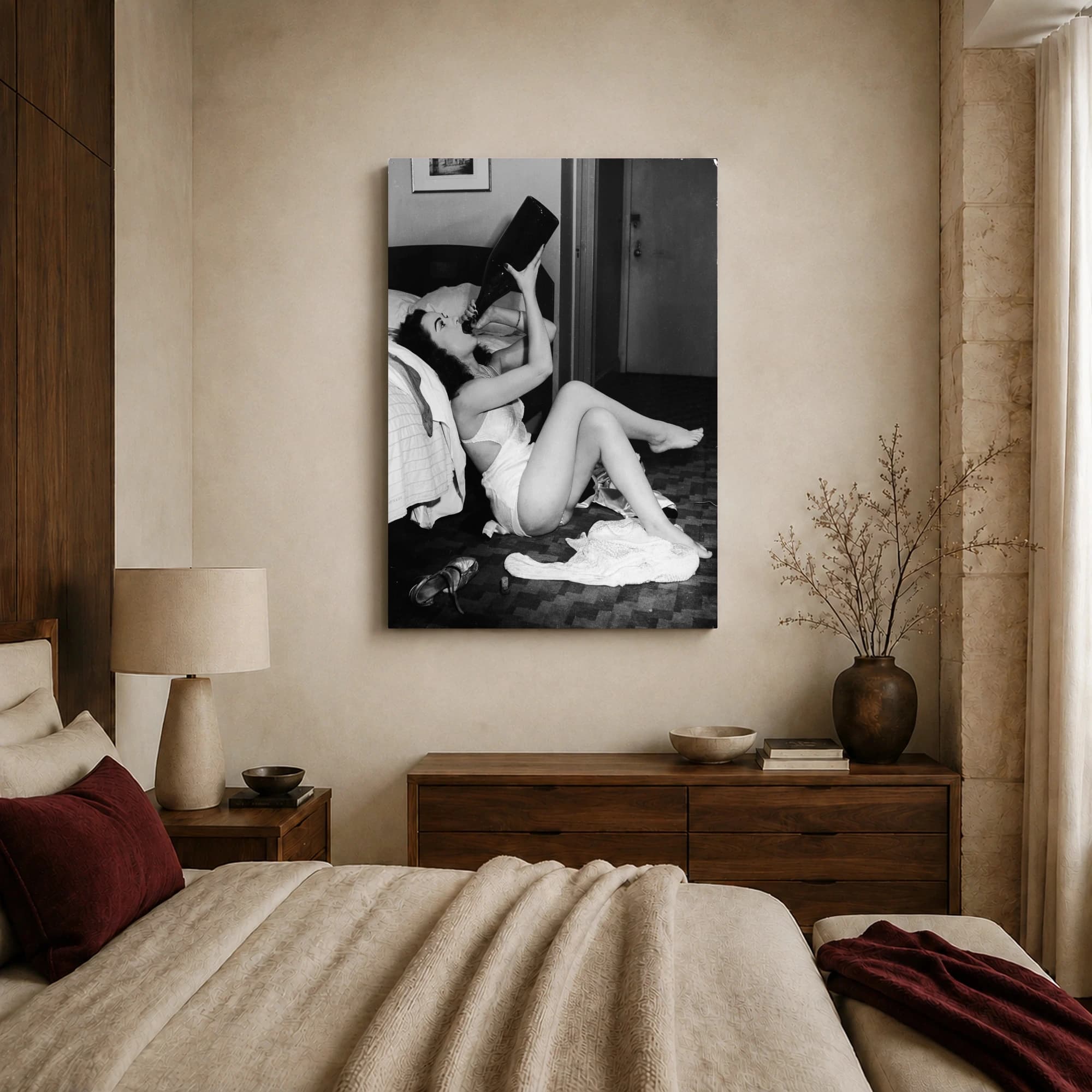 Vintage Hollywood Starlet Drinking From Giant Bottle Canvas Print, view 6