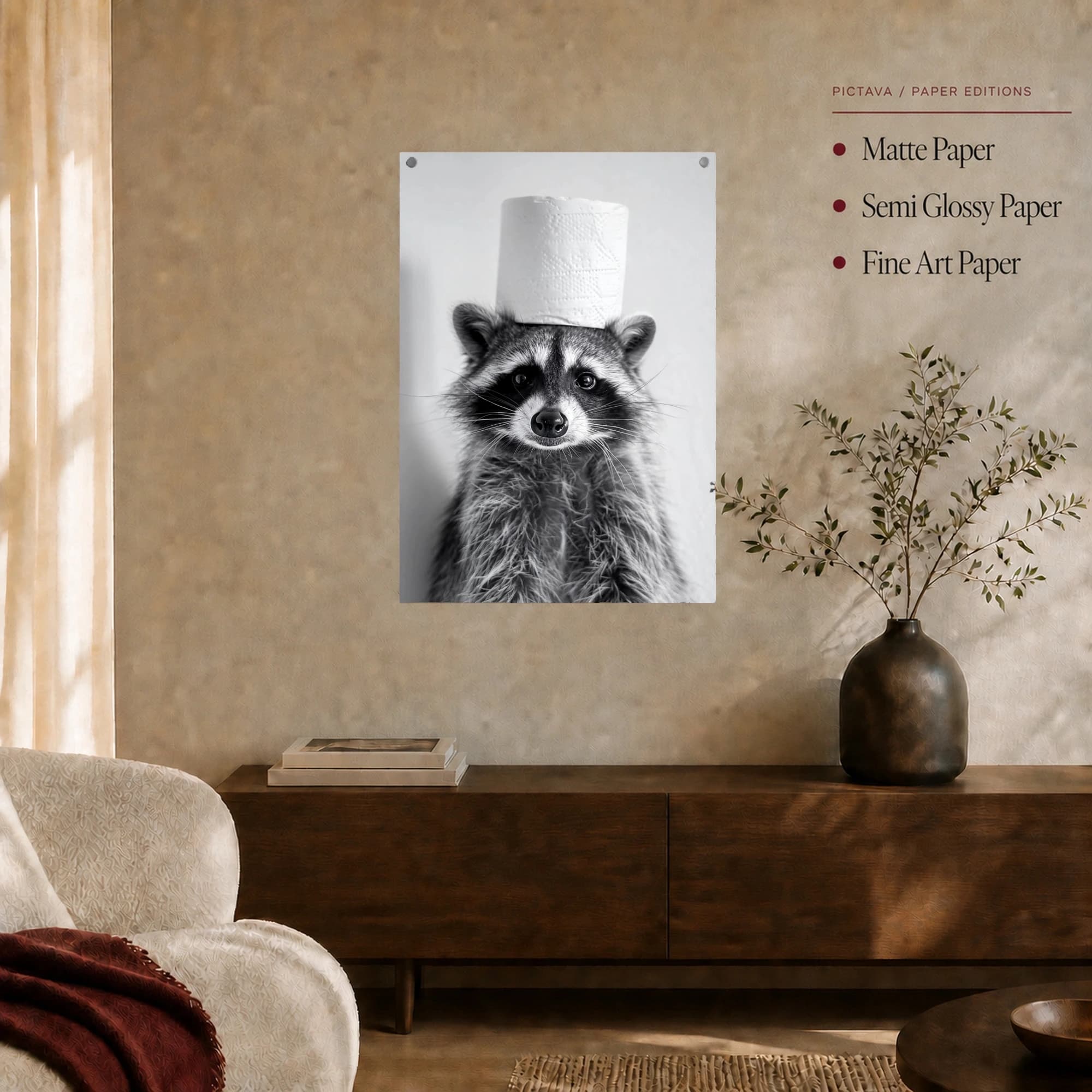 Curious Raccoon Wearing Toilet Paper Hat Black and White Print, view 7