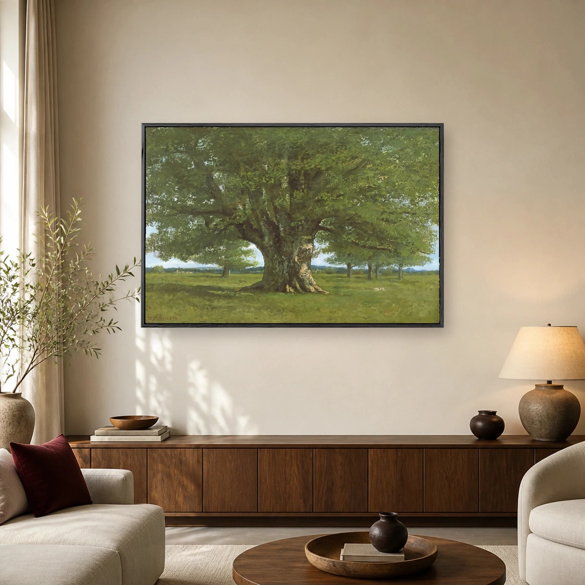 Fine art print of Gustave Courbet's The Chene de Flagey showing a massive ancient oak tree in a green meadow under a bright sky.