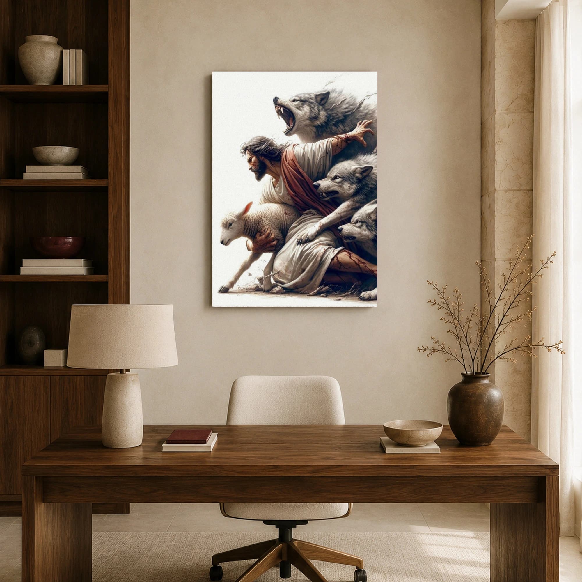 Shepherd Protecting Lamb from Wolves Canvas Print, view 8