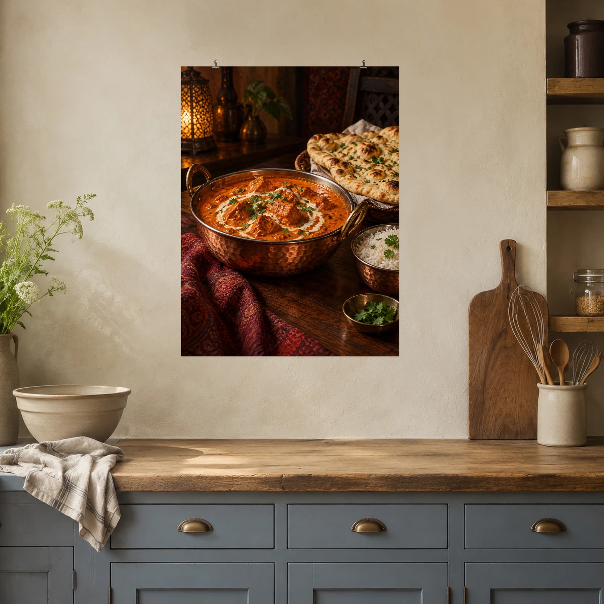 Butter chicken, naan and rice glow in copper bowls beneath warm evening light.