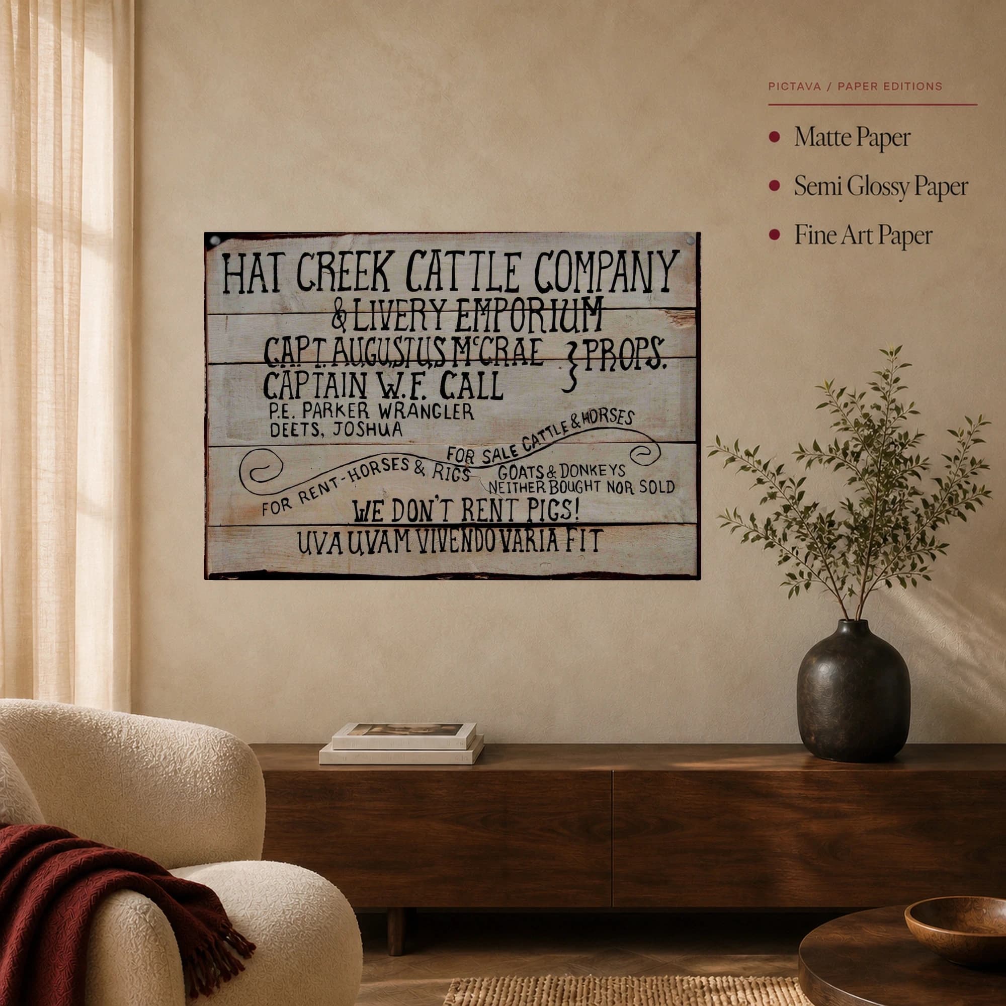 Lonesome Dove Hat Creek Cattle Company Sign Canvas Print, view 4