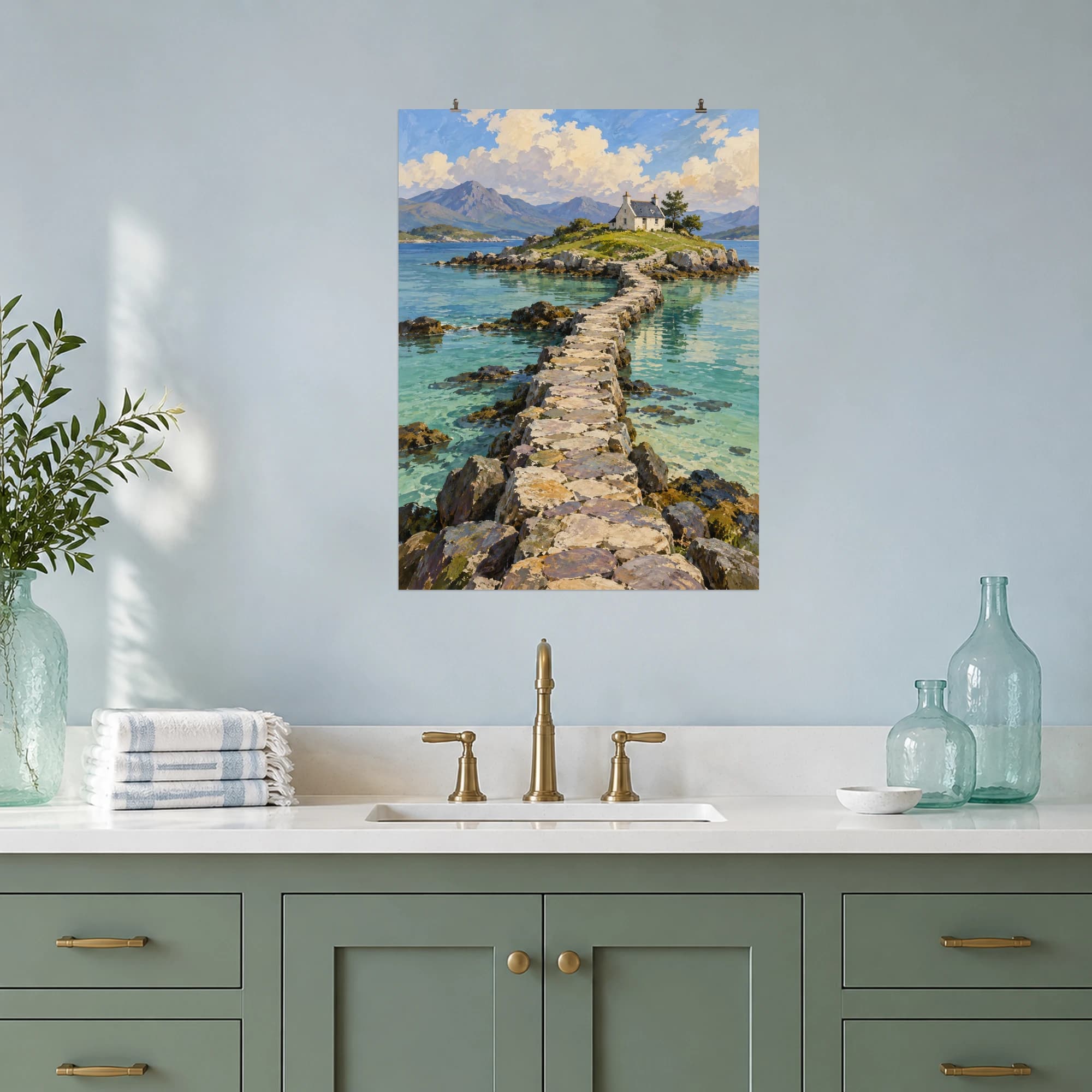 This gouache-style composition features a narrow stone causeway leading across shallow teal water to a tiny grassy island with a lone cream cottage. Expressive brushwork and a balanced palette bring warmth and character to your space.