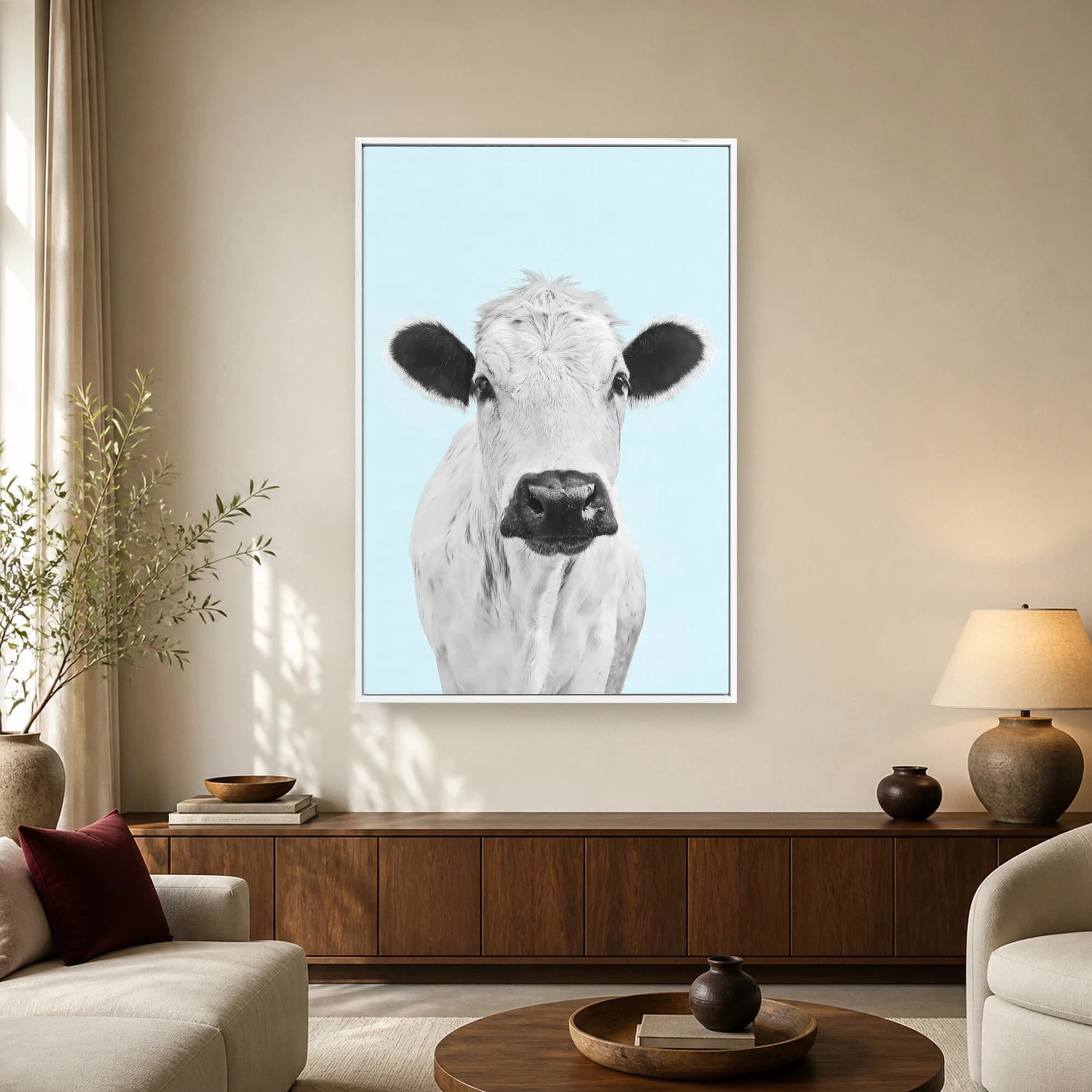 Charming Cow Portrait on Light Blue Wall Art, view 2