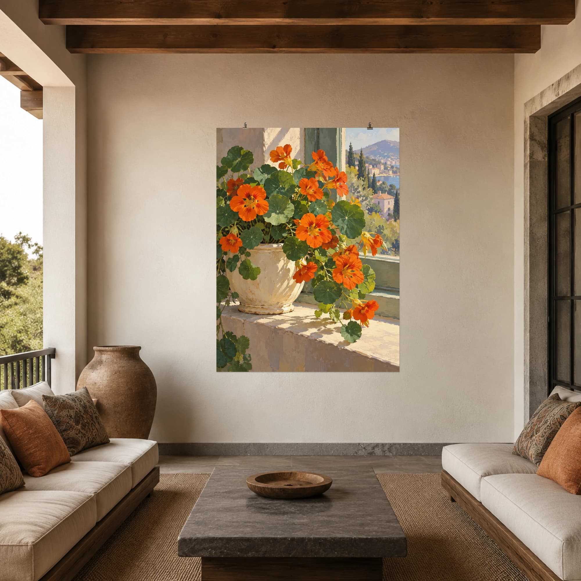 This gouache-style composition features orange nasturtiums spilling from a cream planter on a sunlit window ledge with circular green leaves. Expressive brushwork and carefully balanced color bring a distinctive focal point to your wall.