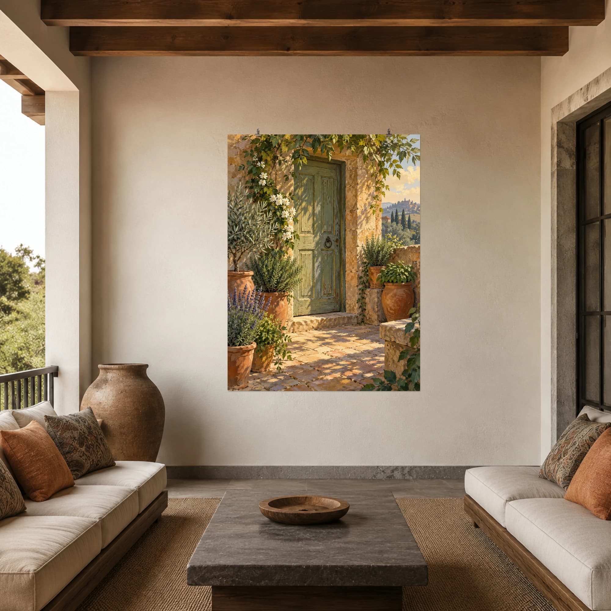 This gouache-style composition features a weathered sage green wooden door in a warm stone courtyard with terracotta herb pots and late afternoon light. Expressive brushwork and a balanced palette bring warmth and character to your space.