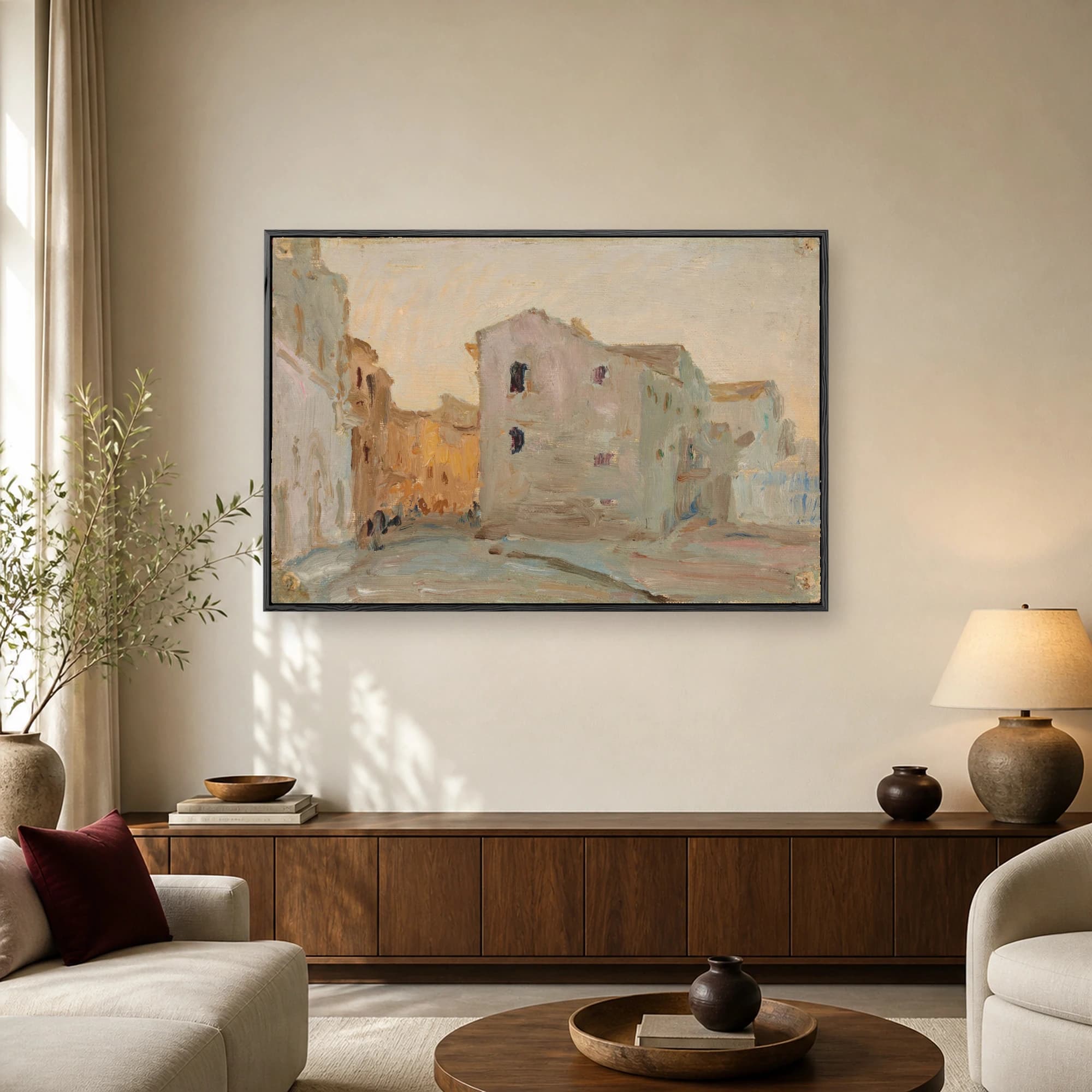 Impressionist painting of a sunlit Mediterranean town square with rustic buildings in warm ochre and gray tones.