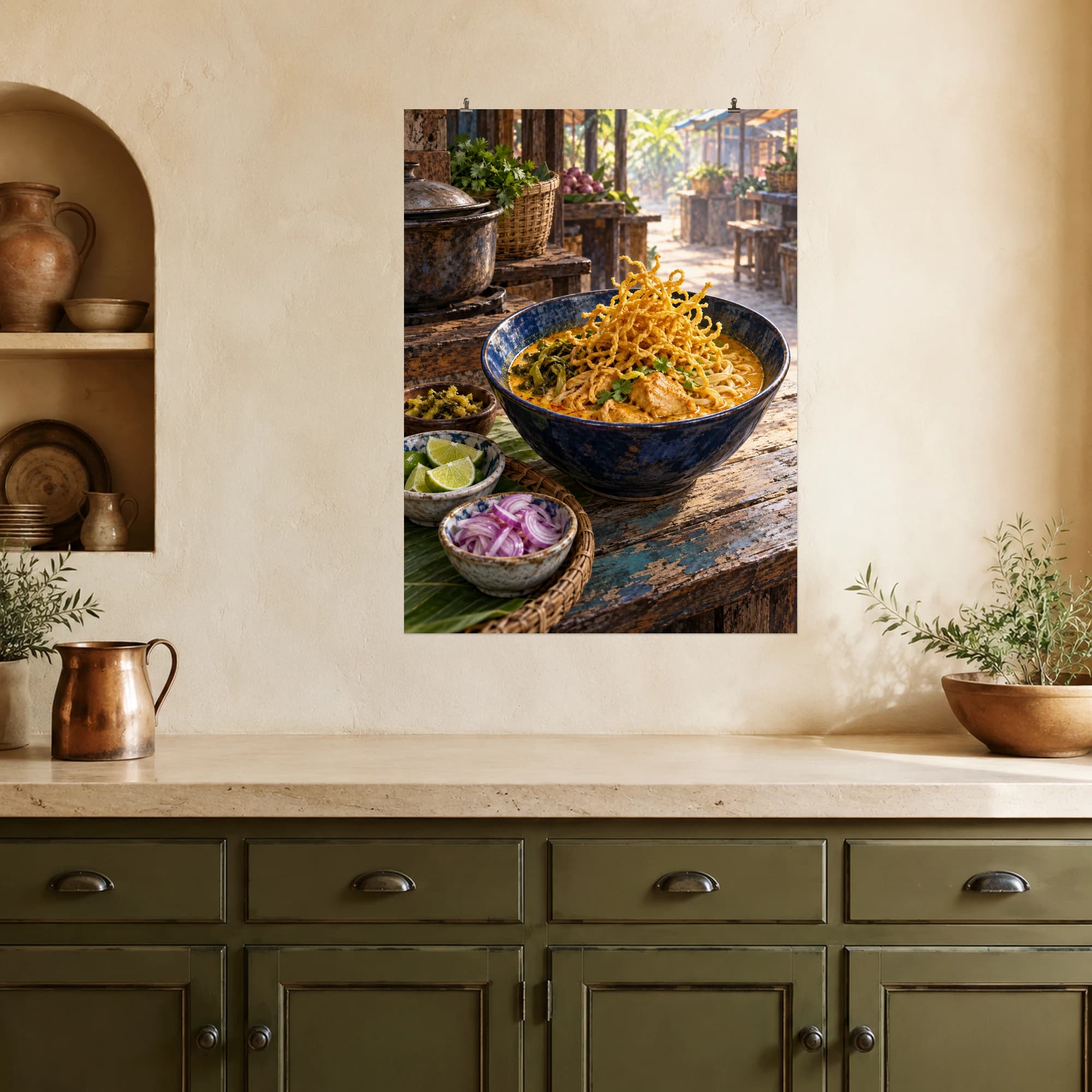 Crisp noodles rise above a rich bowl of khao soi on a weathered market counter.