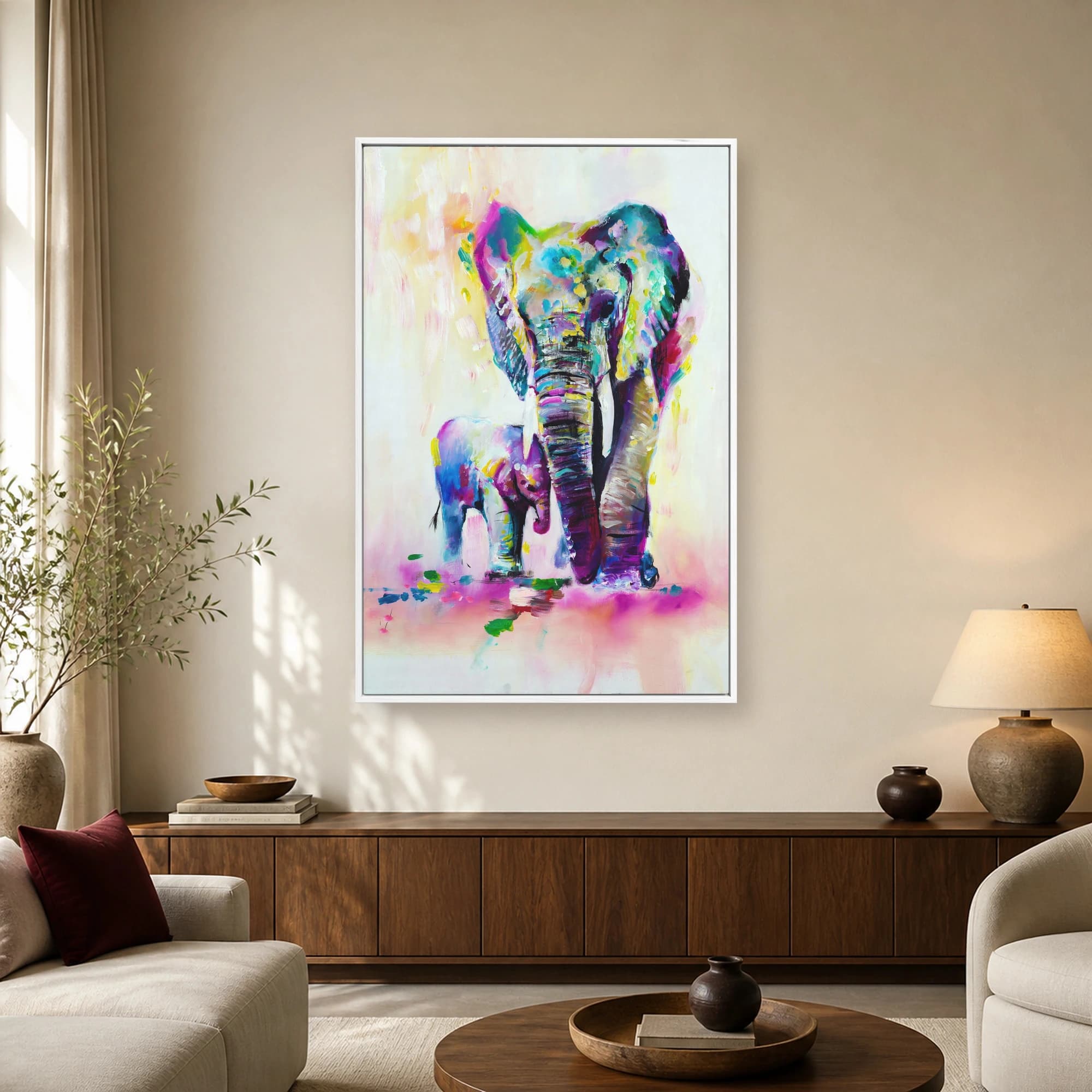 Vibrant Elephant Family Abstract Canvas Print, view 2
