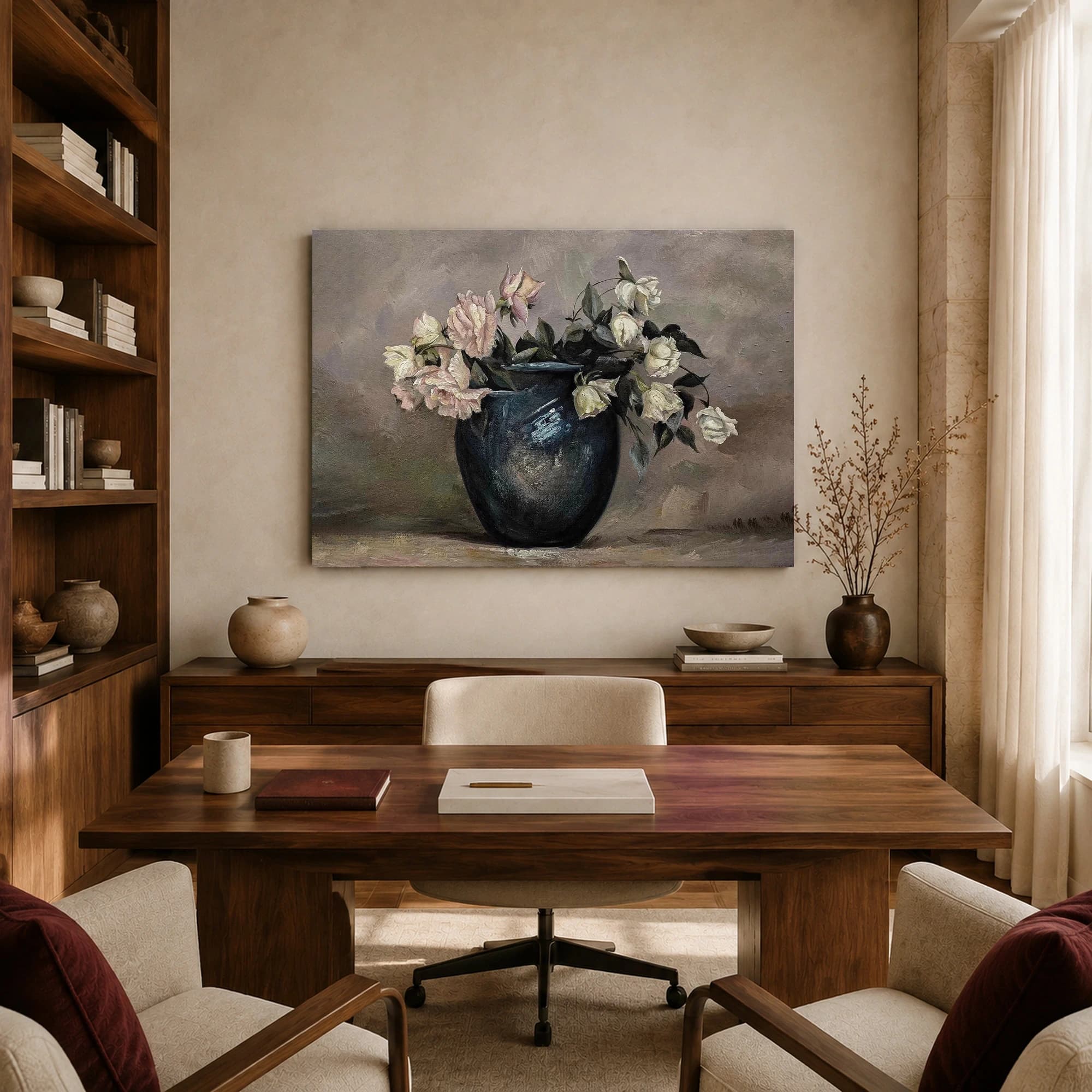 Classic Still Life Roses in Dark Vase Fine Art Print, view 8