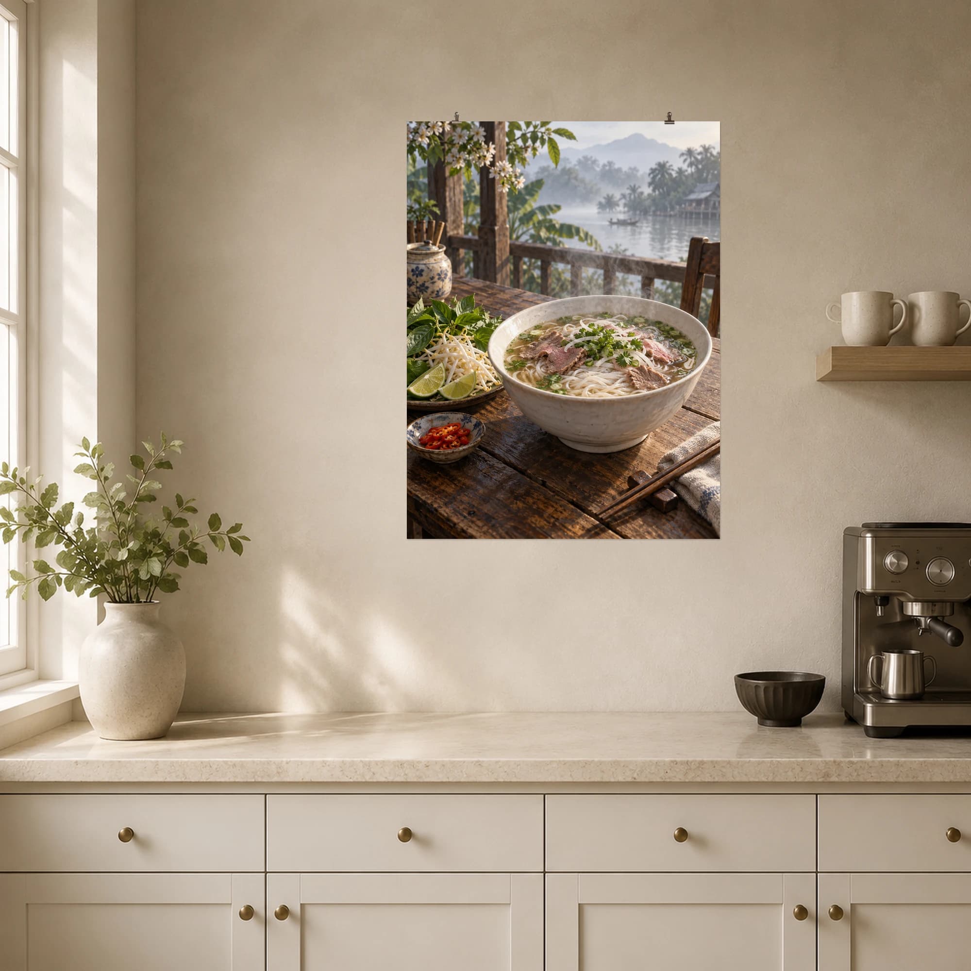 A steaming bowl of pho overlooks a tranquil, misty waterside morning.