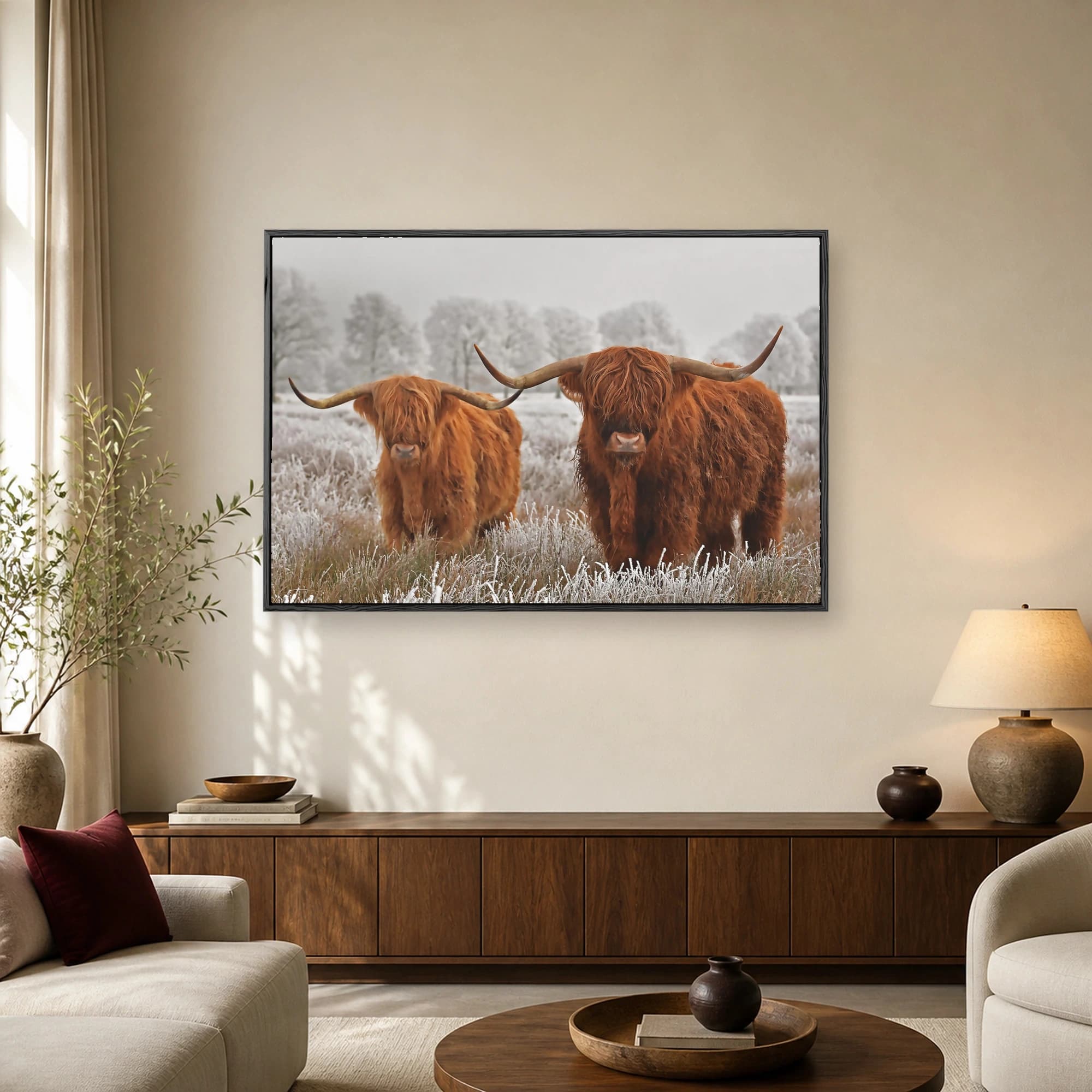 Two shaggy copper-colored Highland cattle with long horns standing in a frosty winter field with a misty tree line in the background.