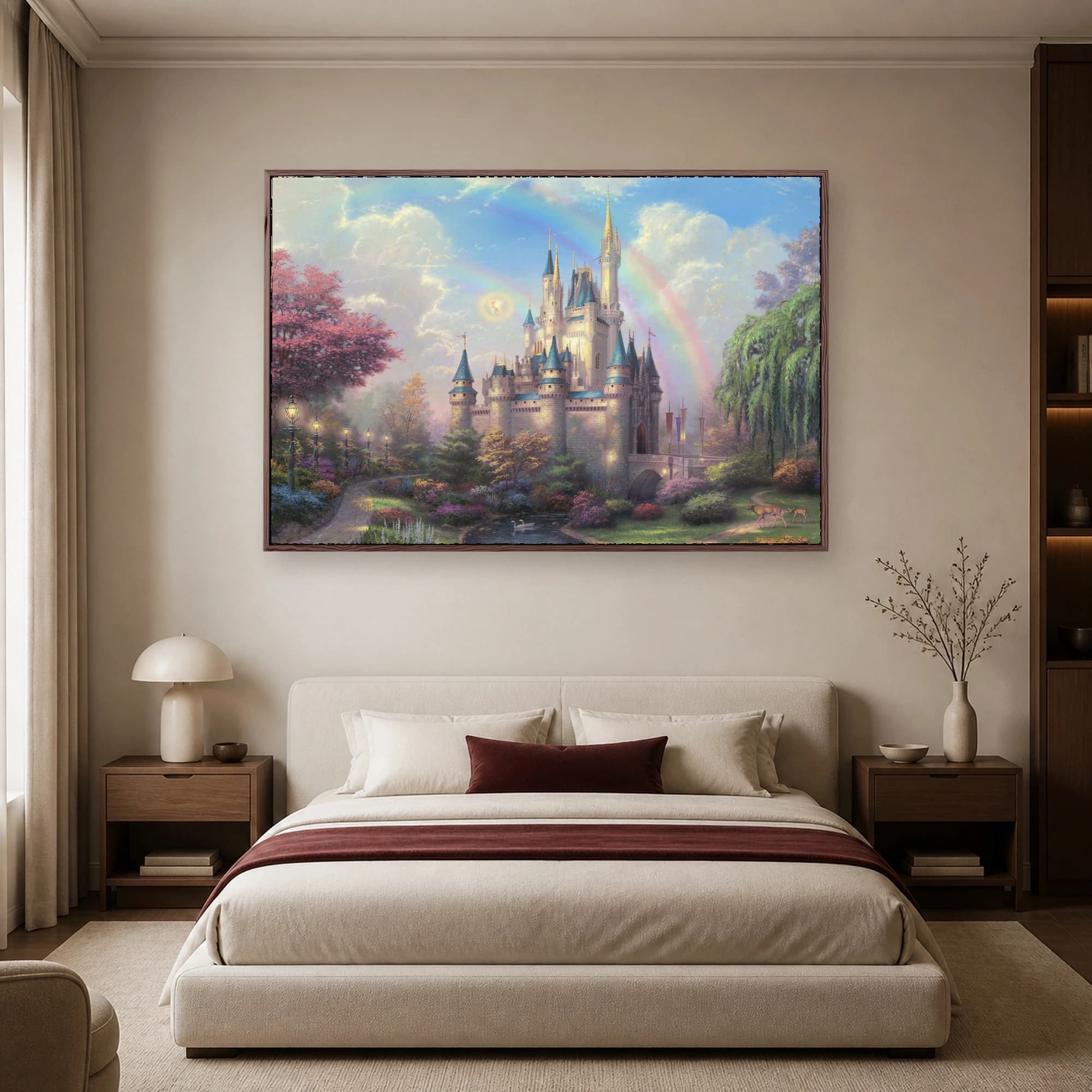 Fairytale Castle Landscape with Double Rainbow Canvas Print, view 6