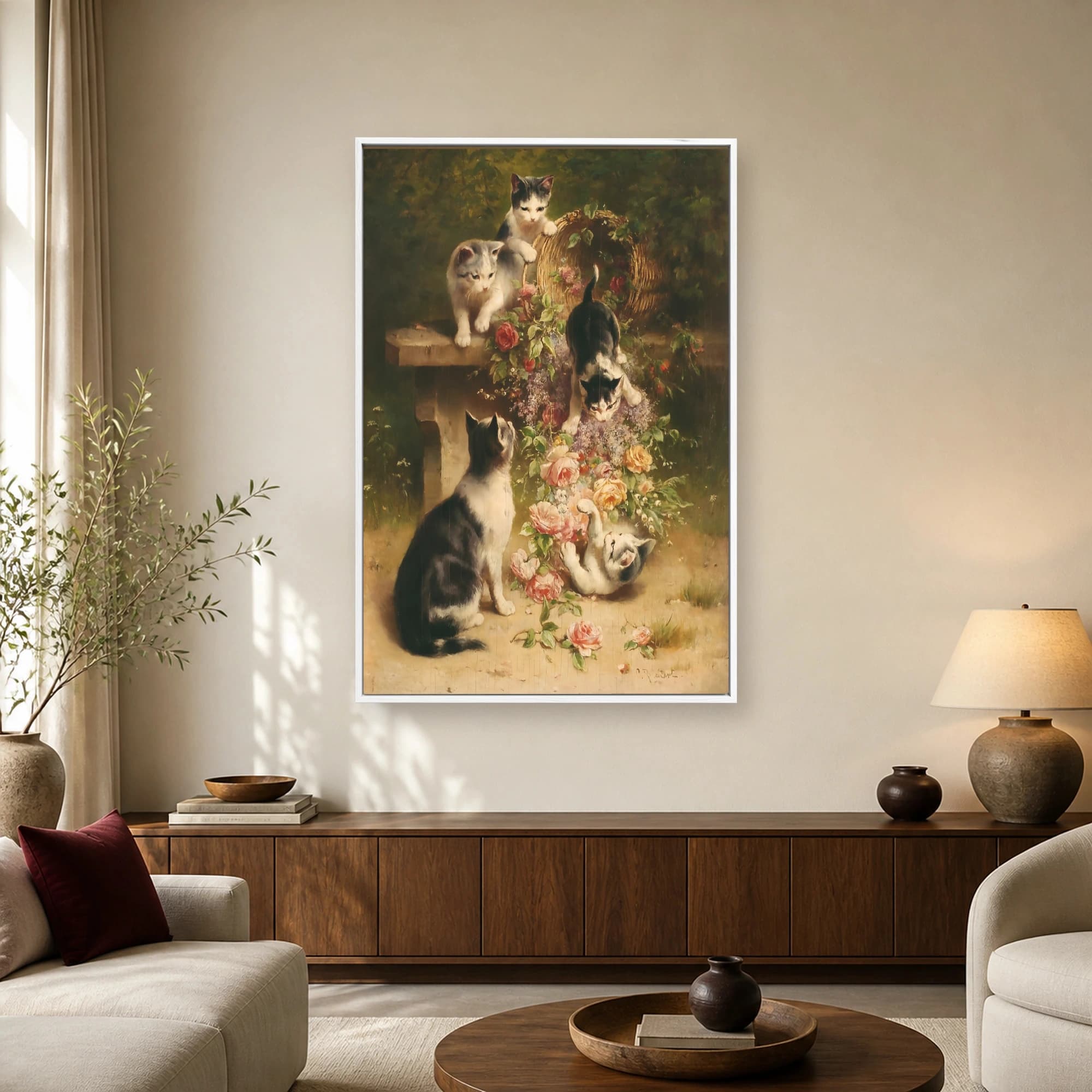 Playful Kittens and Roses Vintage Canvas Art Print, view 2